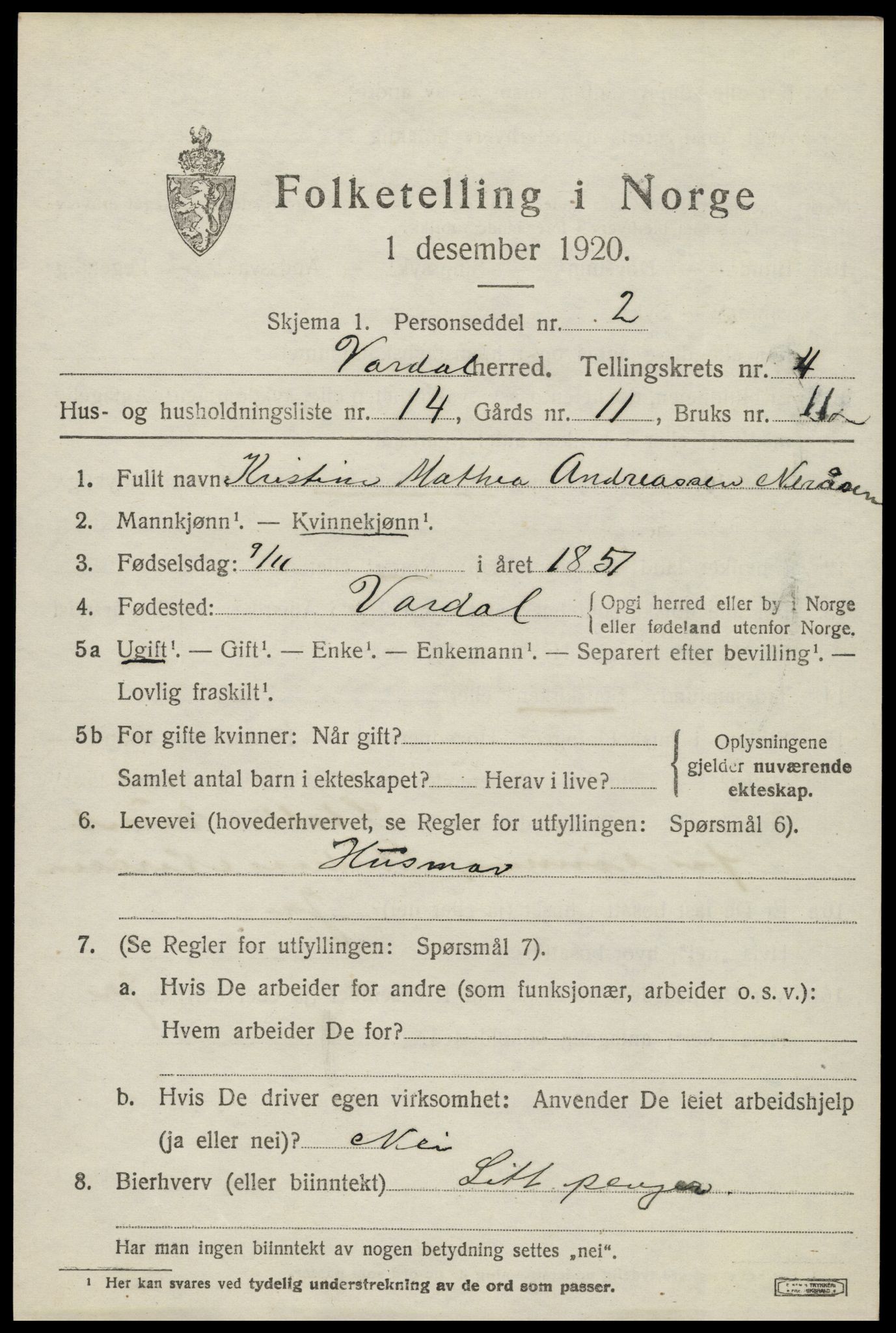 SAH, 1920 census for Vardal, 1920, p. 2985