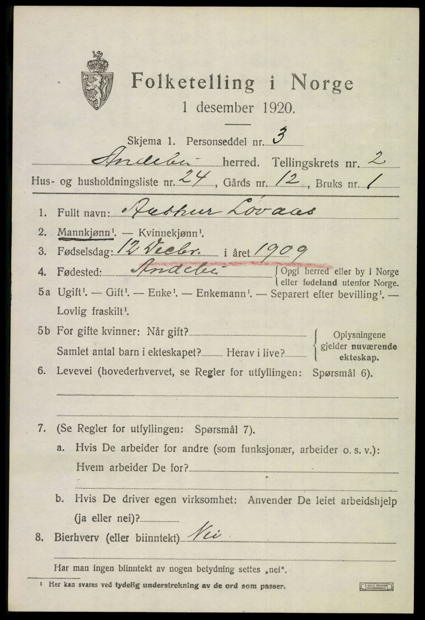 SAKO, 1920 census for Andebu, 1920, p. 1820