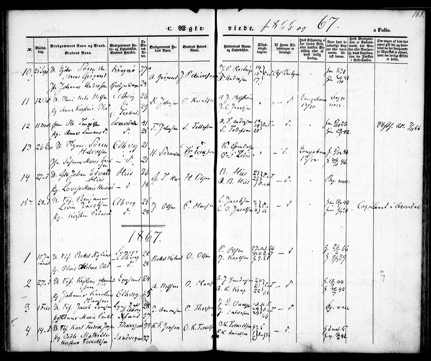 Hisøy sokneprestkontor, SAK/1111-0020/F/Fa/L0001: Parish register (official) no. A 1, 1849-1871, p. 168