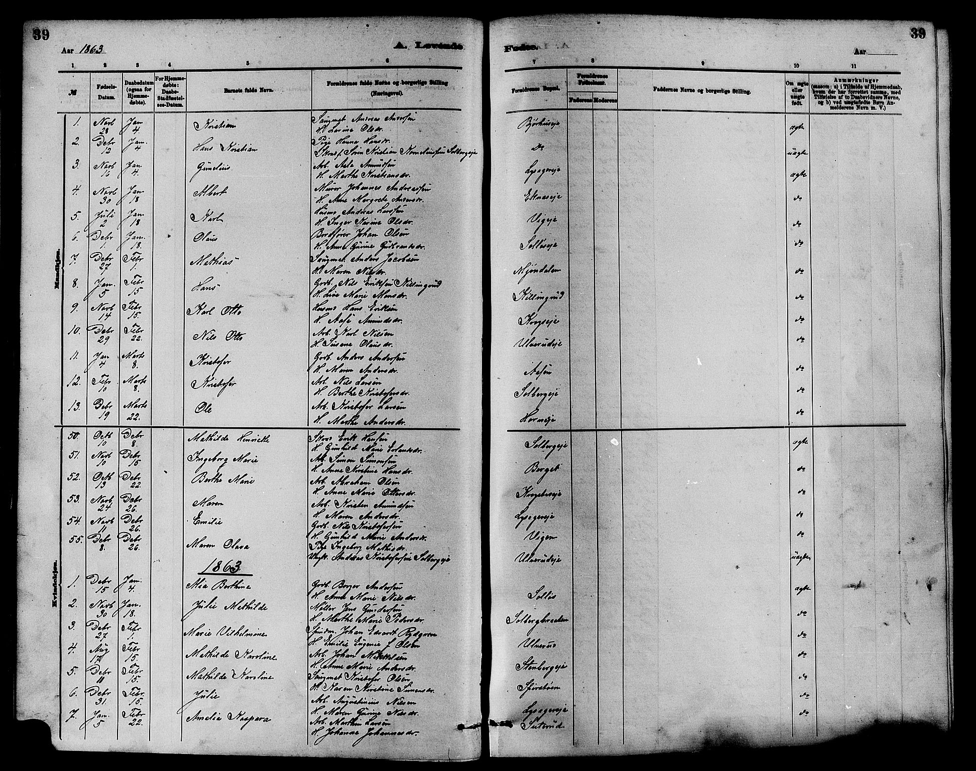 Nedre Eiker kirkebøker, SAKO/A-612/F/Fa/L0001: Parish register (official) no. 1, 1853-1877, p. 39