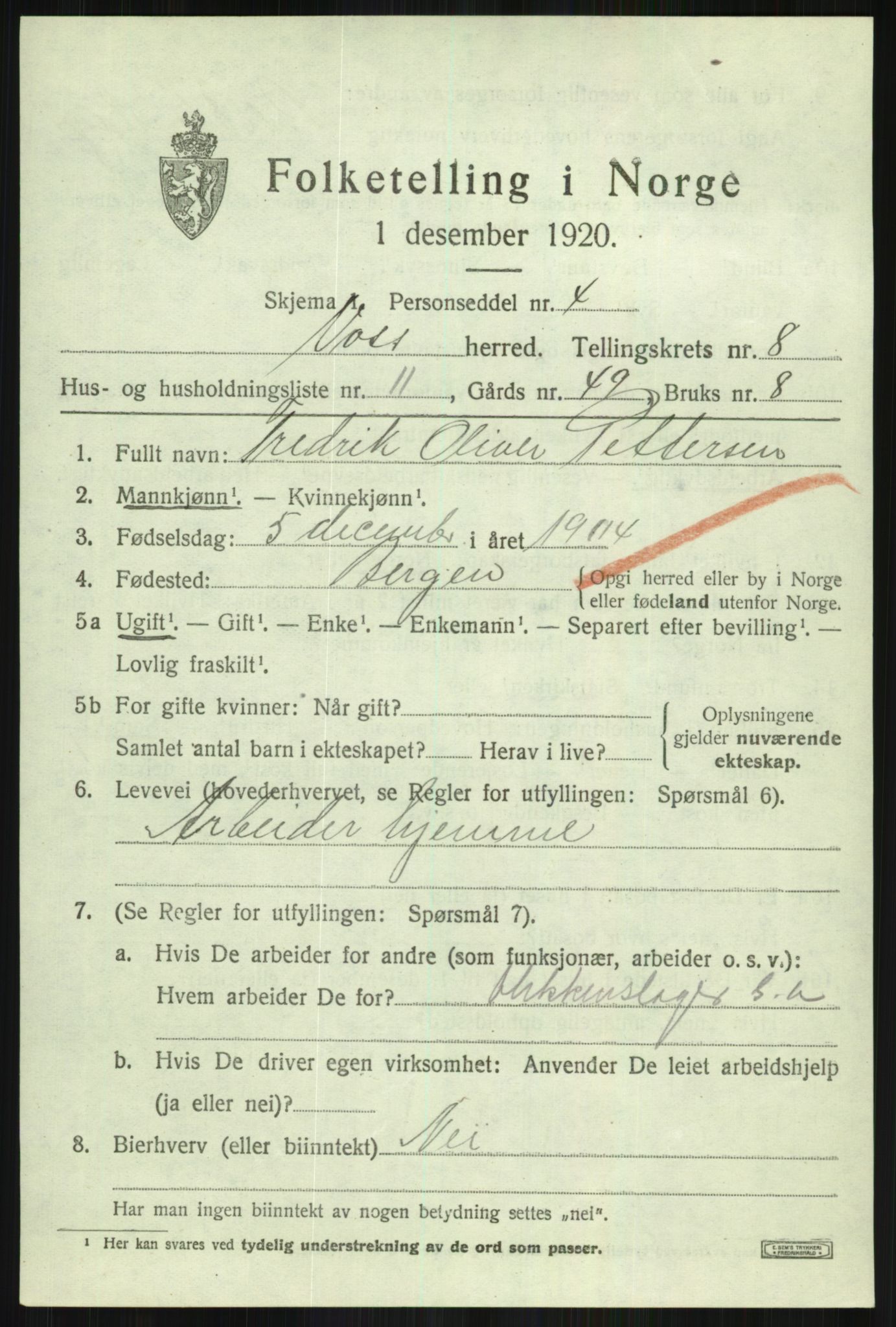 SAB, 1920 census for Voss, 1920, p. 7881