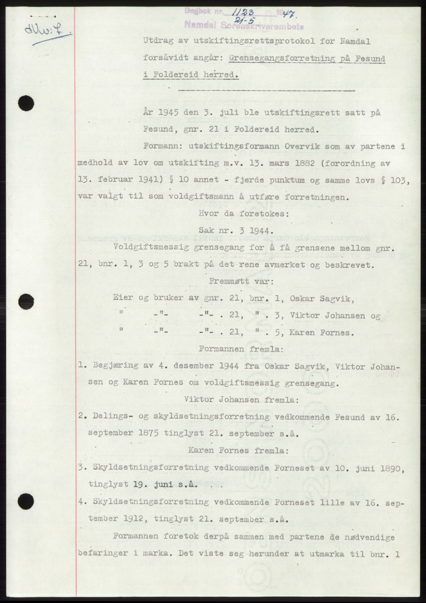 Namdal sorenskriveri, AV/SAT-A-4133/1/2/2C: Mortgage book no. -, 1947-1947, Diary no: : 1123/1947