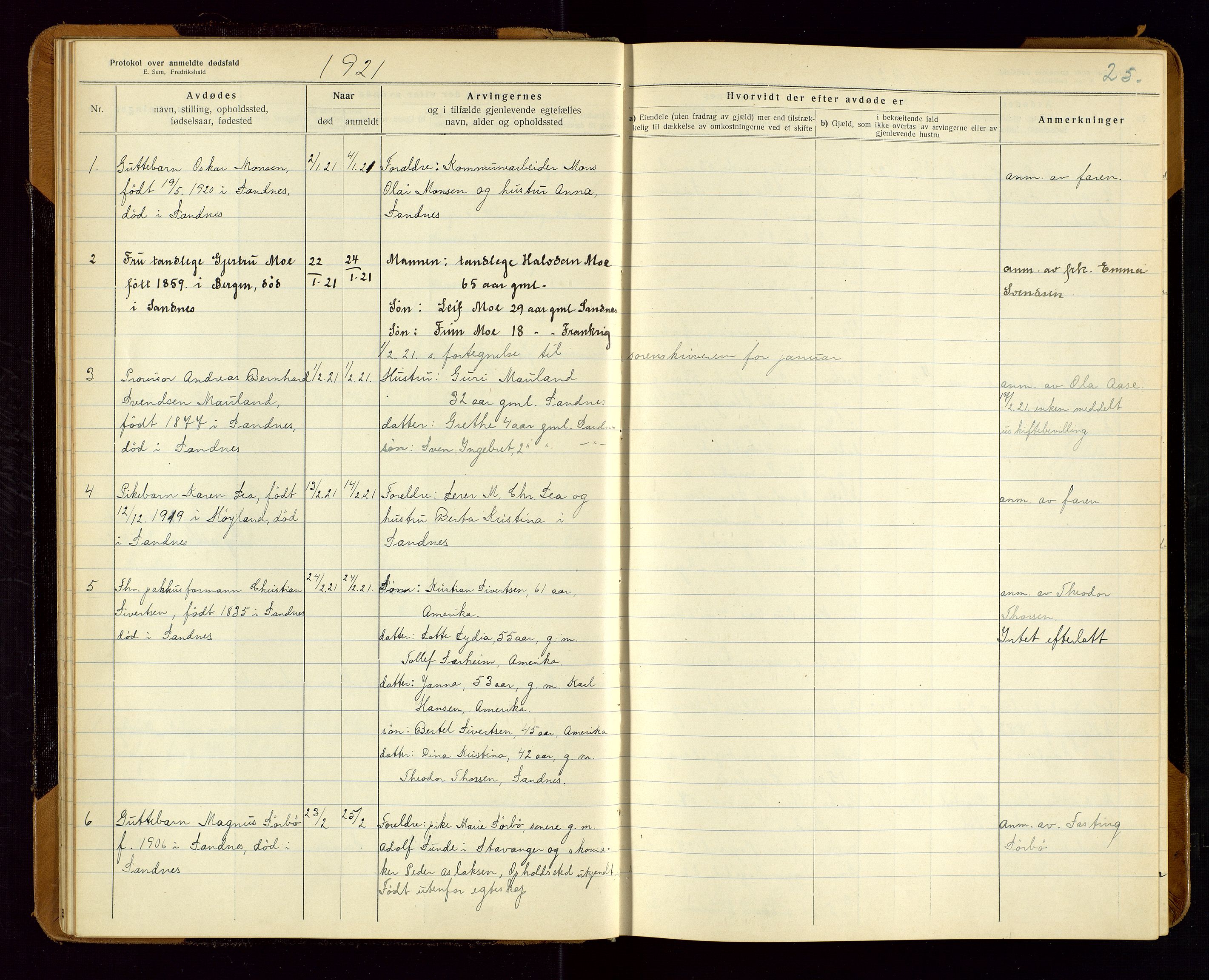 Sandnes lensmannskontor, AV/SAST-A-100167/Gga/L0001: "Protokol over anmeldte dødsfald" m/register, 1918-1940, p. 25