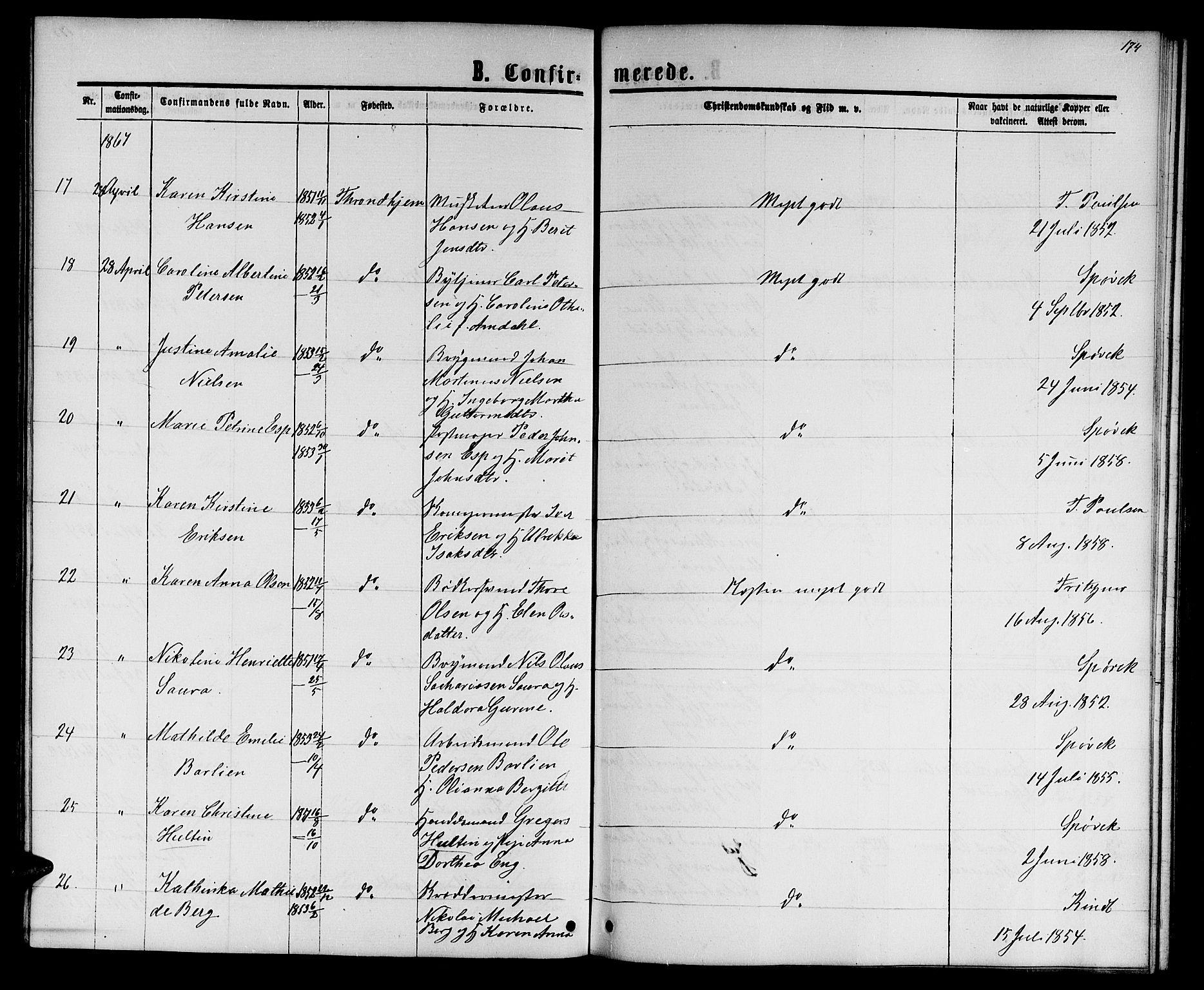 Ministerialprotokoller, klokkerbøker og fødselsregistre - Sør-Trøndelag, AV/SAT-A-1456/601/L0087: Parish register (copy) no. 601C05, 1864-1881, p. 174