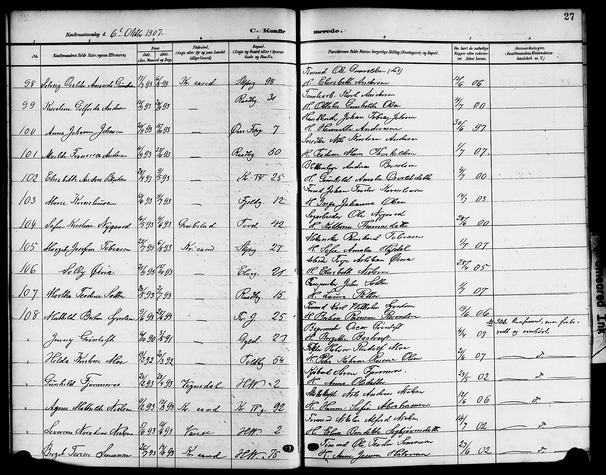 Kristiansand domprosti, SAK/1112-0006/F/Fb/L0020: Parish register (copy) no. B 20, 1906-1915, p. 27