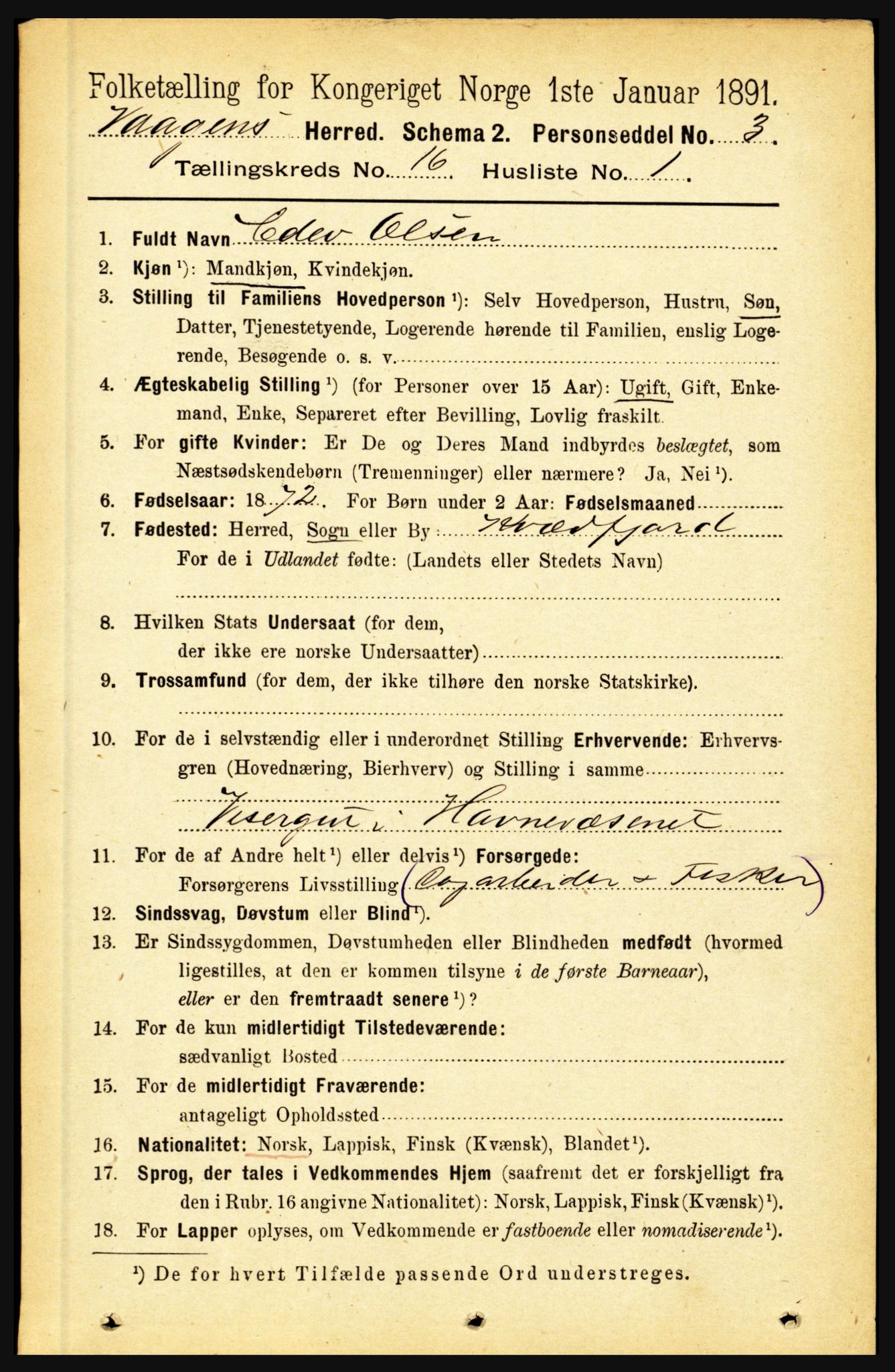 RA, 1891 census for 1865 Vågan, 1891, p. 4569