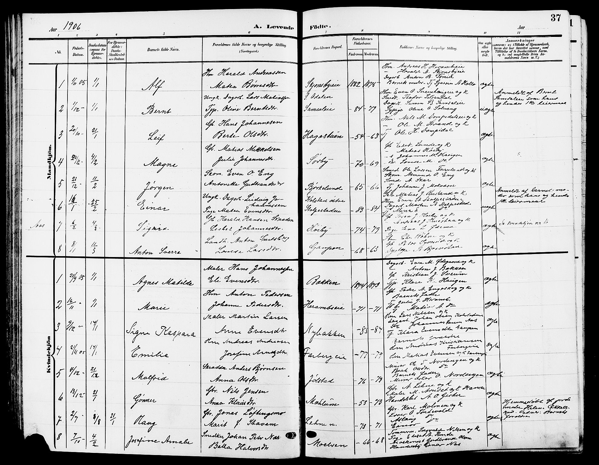 Ringsaker prestekontor, SAH/PREST-014/L/La/L0015: Parish register (copy) no. 15, 1903-1912, p. 37