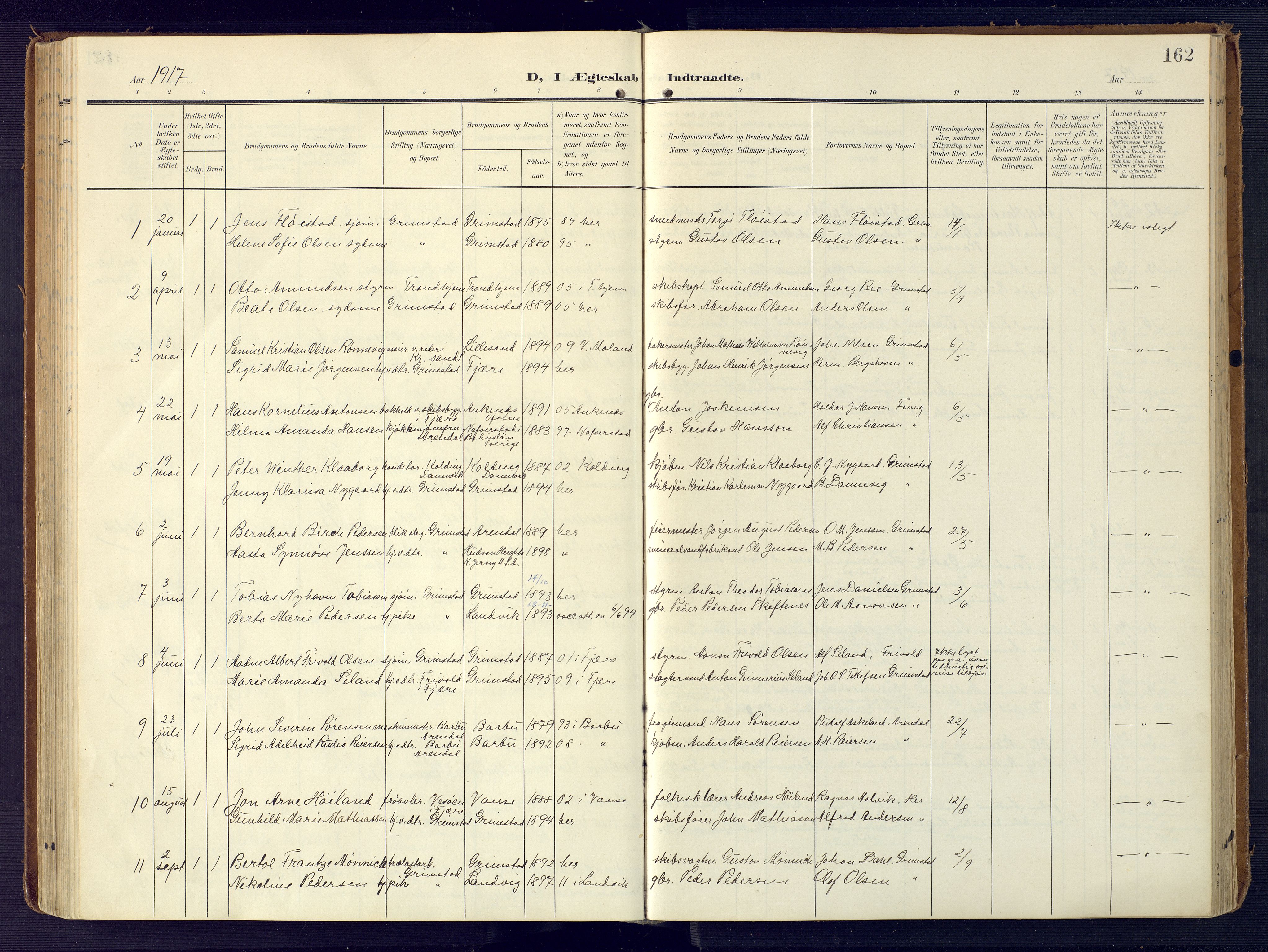 Grimstad sokneprestkontor, SAK/1111-0017/F/Fa/L0005: Parish register (official) no. A 4, 1911-1924, p. 162