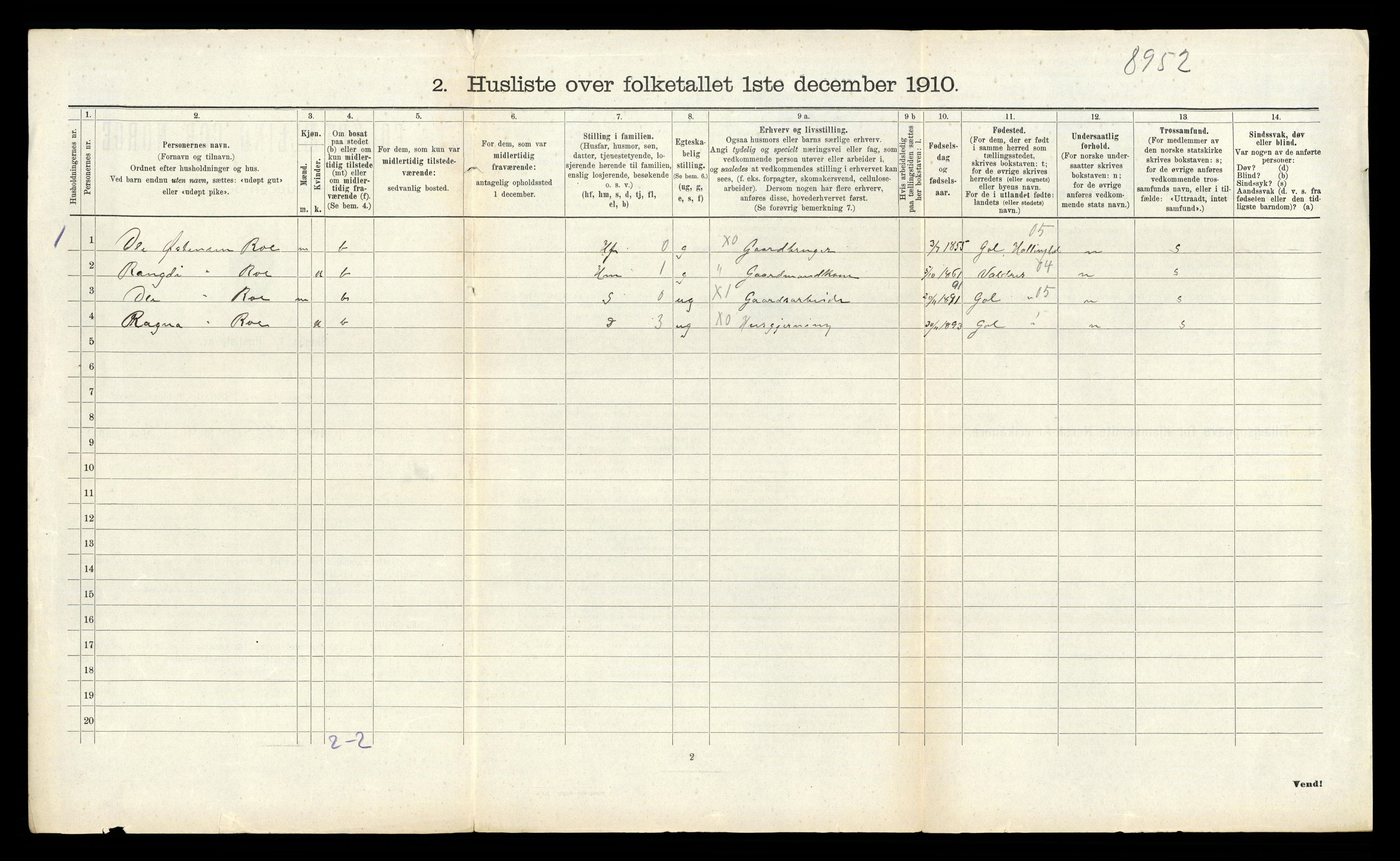 RA, 1910 census for Sande, 1910, p. 420