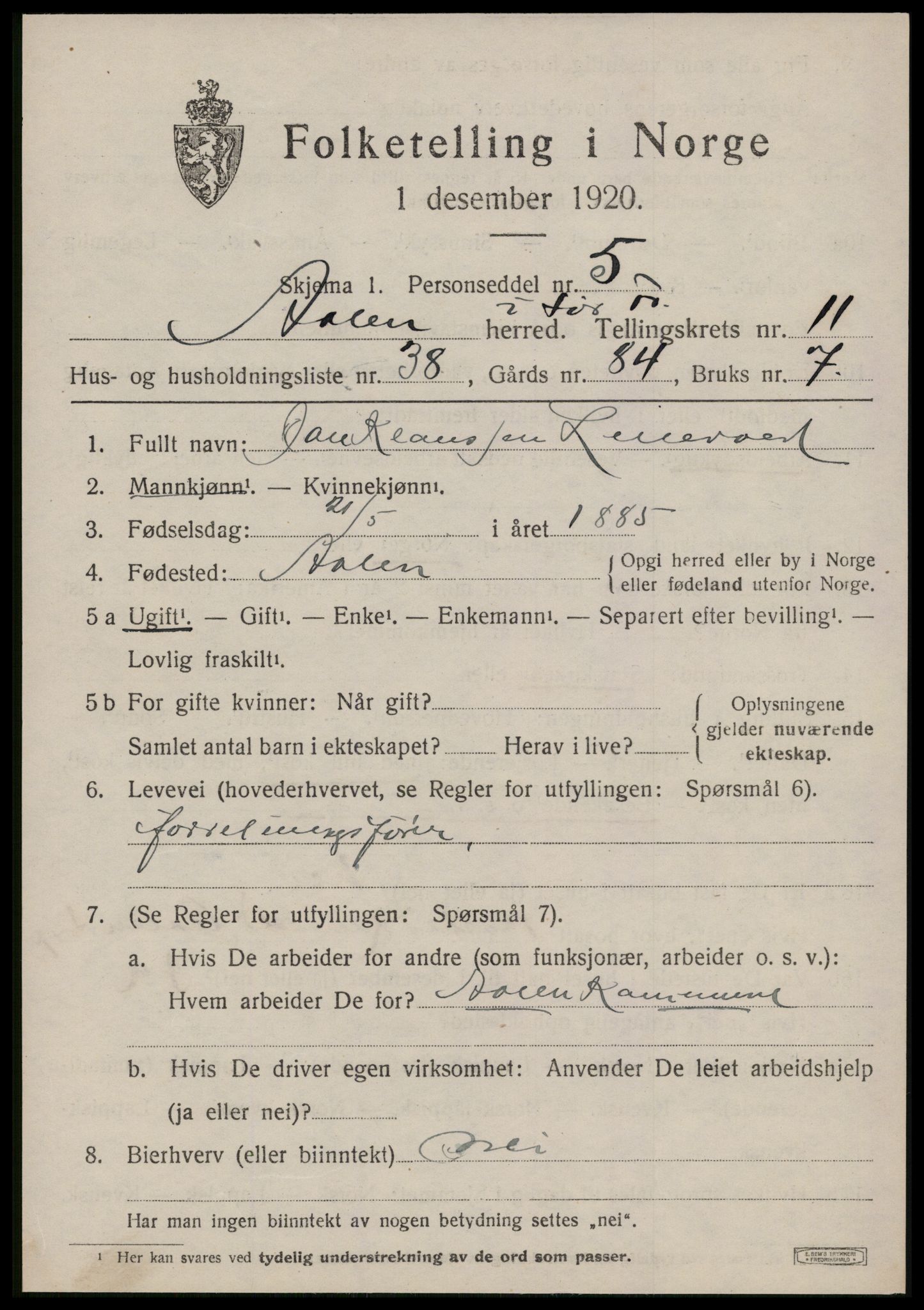 SAT, 1920 census for Ålen, 1920, p. 5716