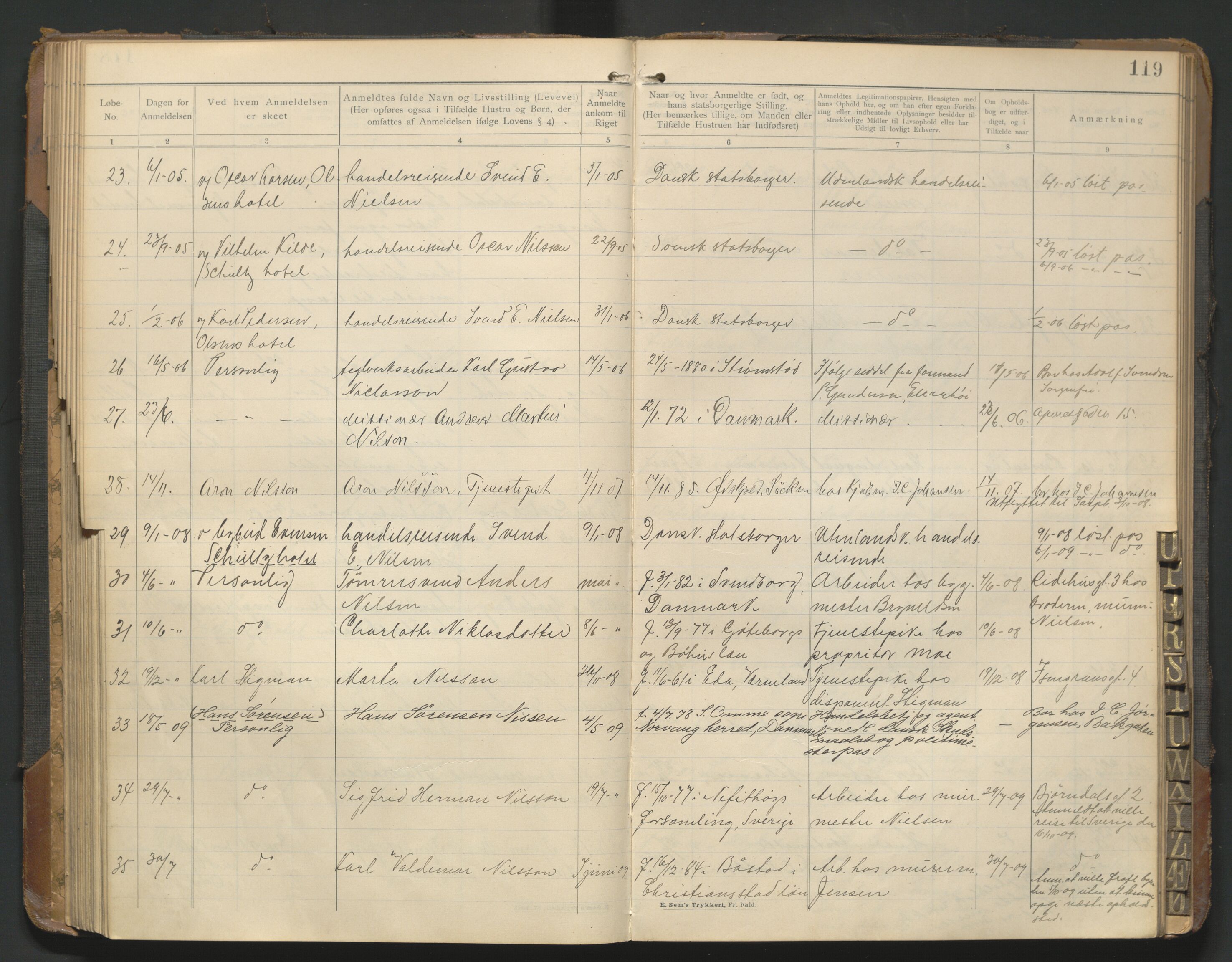 Fredrikstad politikammer, AV/SAO-A-10055/H/Hb/Hba/L0001: Protokoll over fremmede statsborgere, 1901-1916, p. 118b-119a