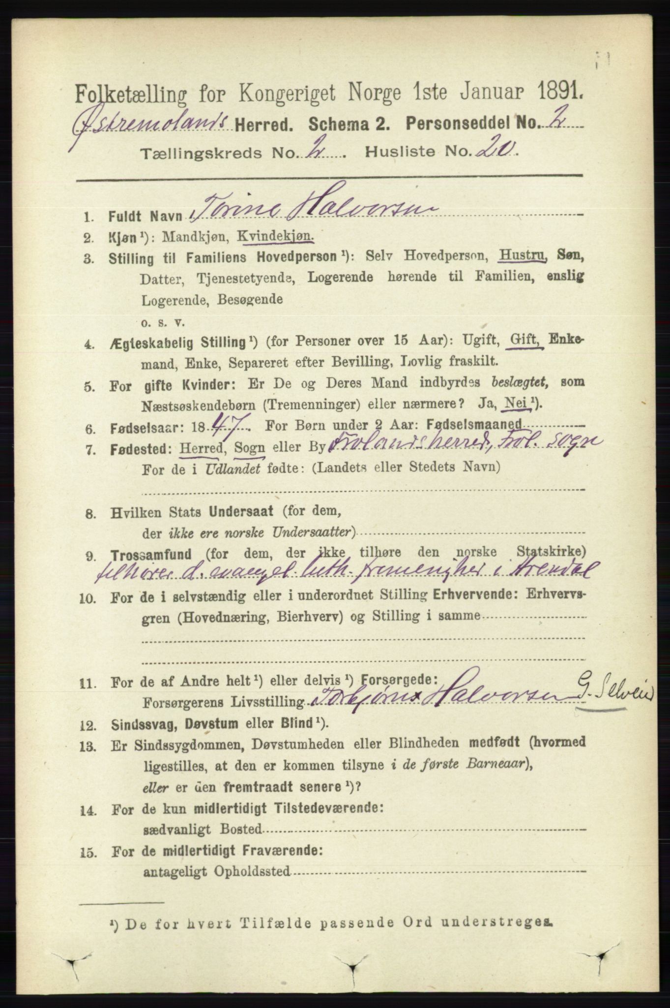 RA, 1891 census for 0918 Austre Moland, 1891, p. 790