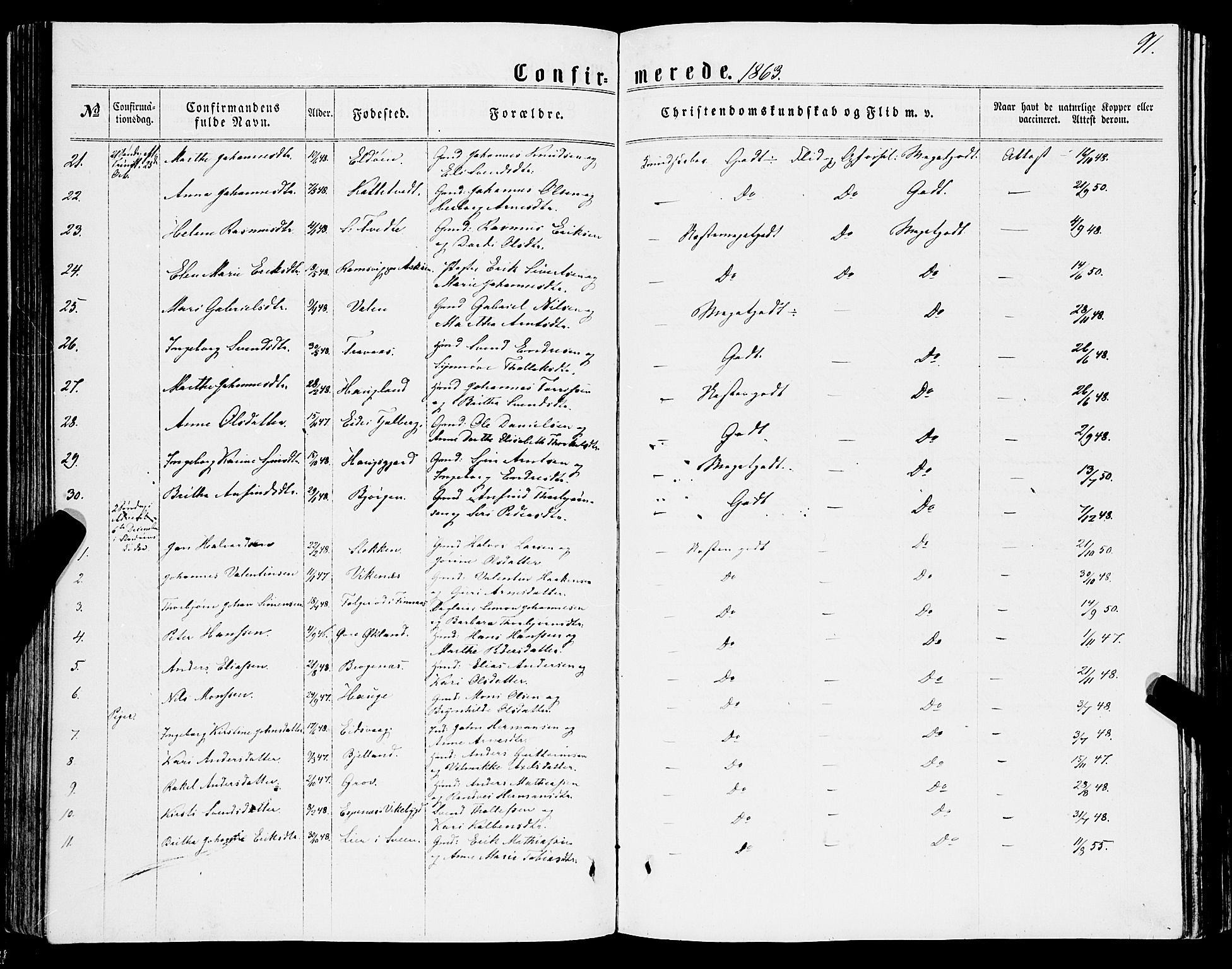 Stord sokneprestembete, SAB/A-78201/H/Haa: Parish register (official) no. B 1, 1862-1877, p. 91