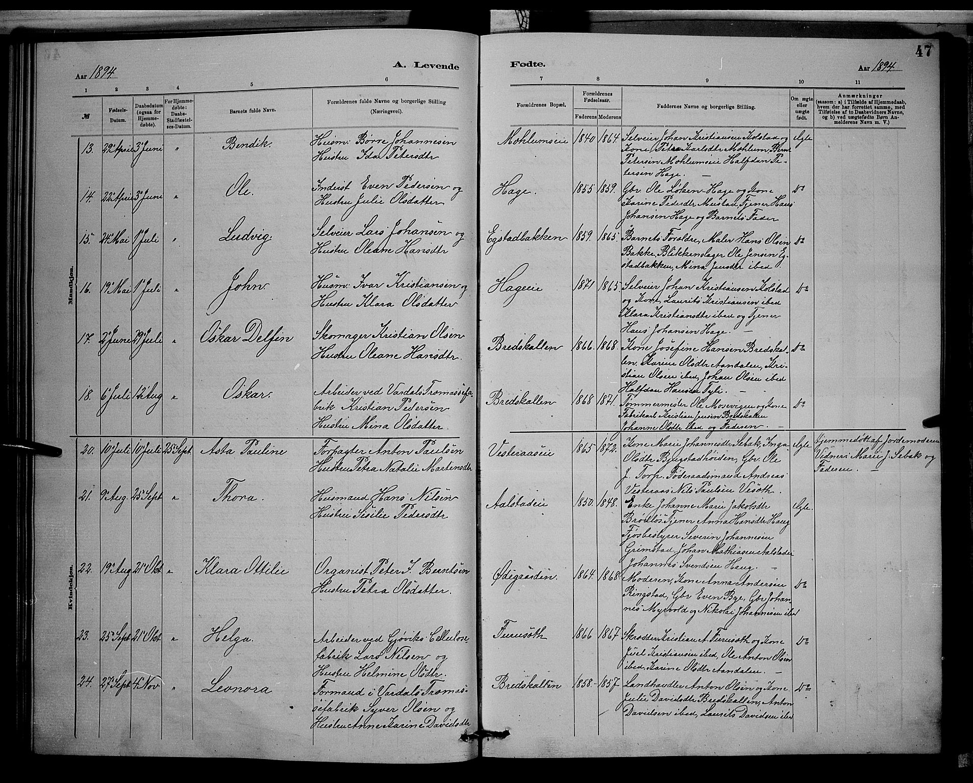 Vardal prestekontor, AV/SAH-PREST-100/H/Ha/Hab/L0008: Parish register (copy) no. 8, 1881-1898, p. 47