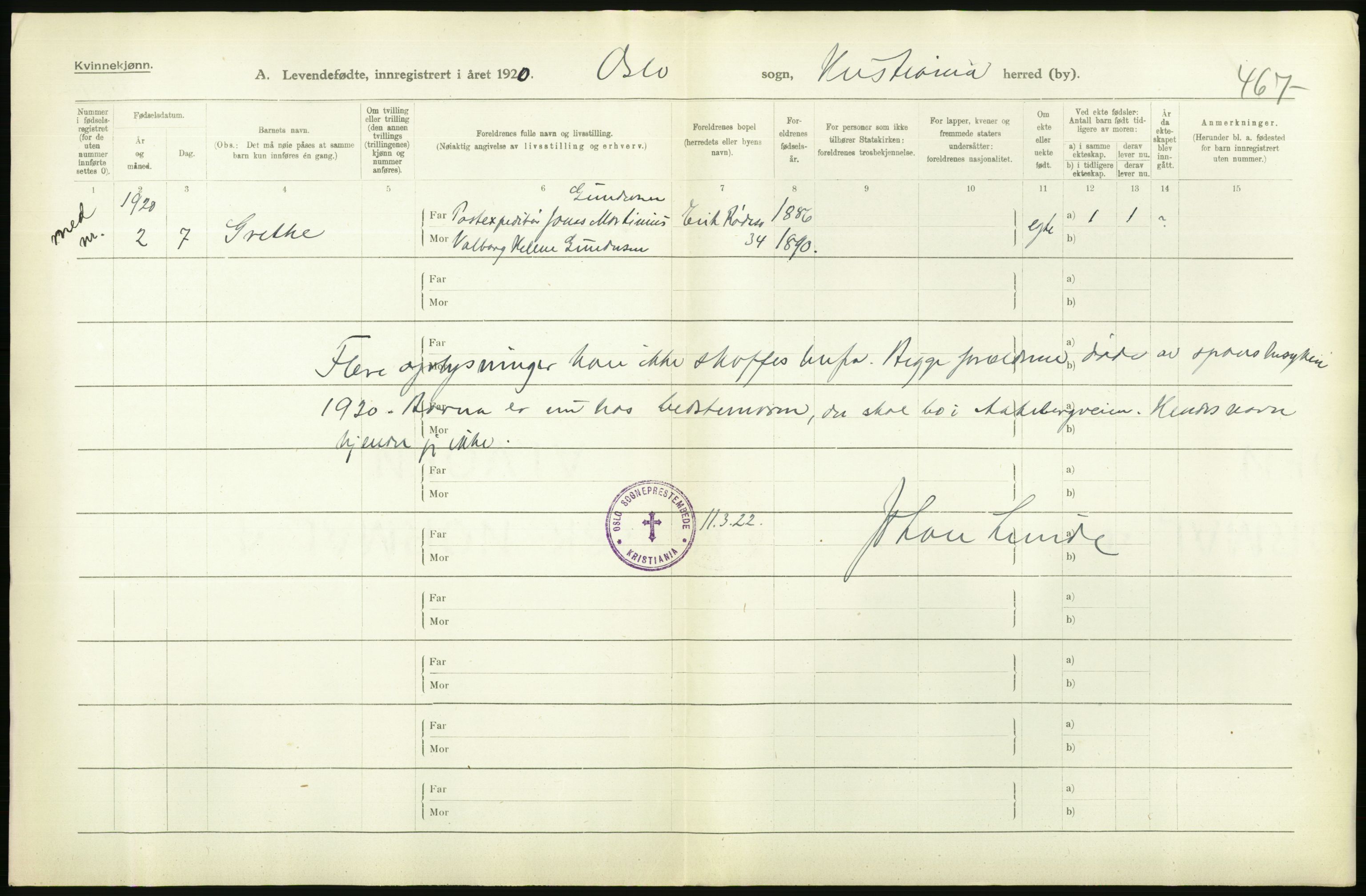 Statistisk sentralbyrå, Sosiodemografiske emner, Befolkning, AV/RA-S-2228/D/Df/Dfb/Dfbj/L0008: Kristiania: Levendefødte menn og kvinner., 1920, p. 54