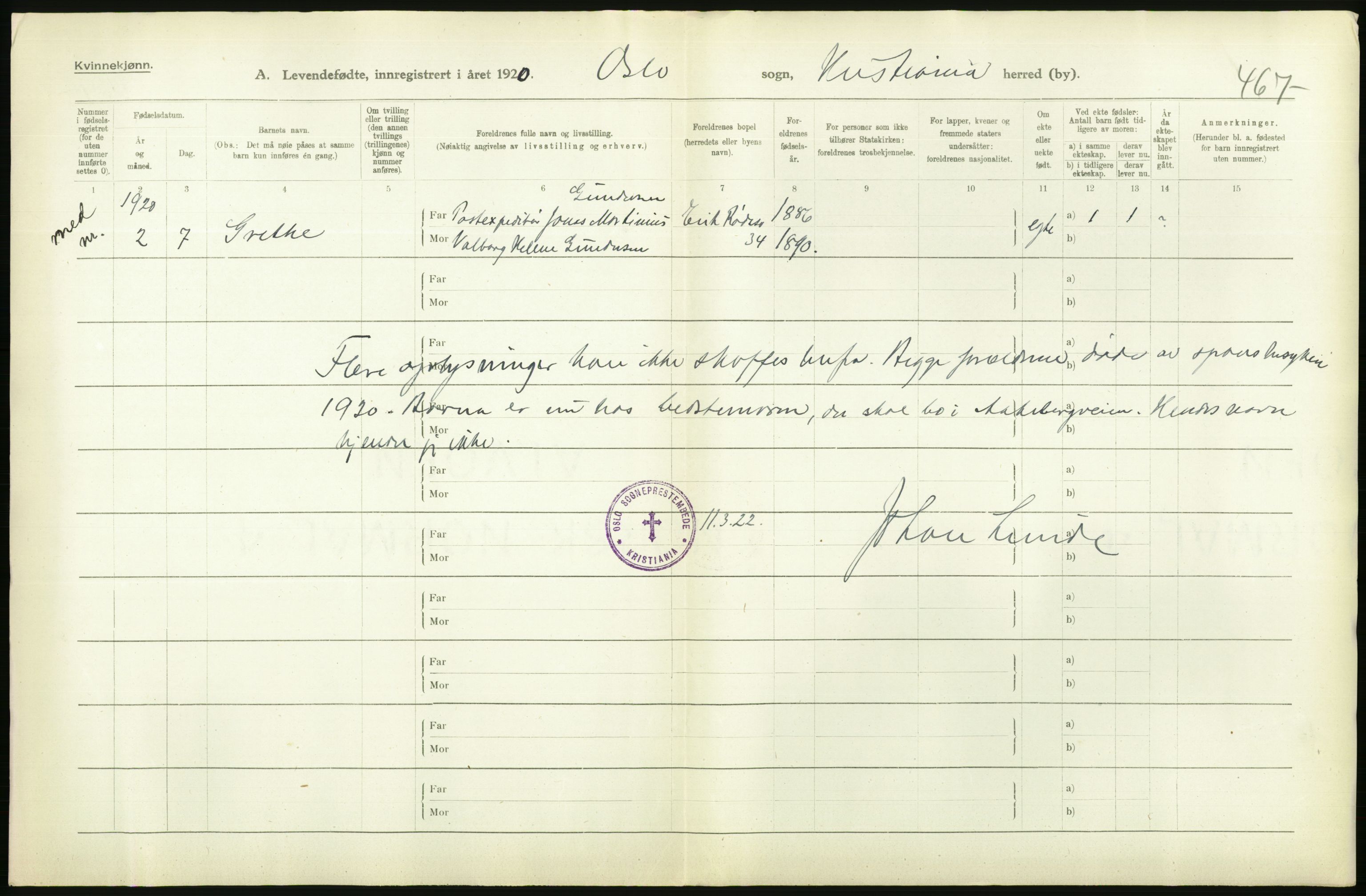 Statistisk sentralbyrå, Sosiodemografiske emner, Befolkning, RA/S-2228/D/Df/Dfb/Dfbj/L0008: Kristiania: Levendefødte menn og kvinner., 1920, p. 54