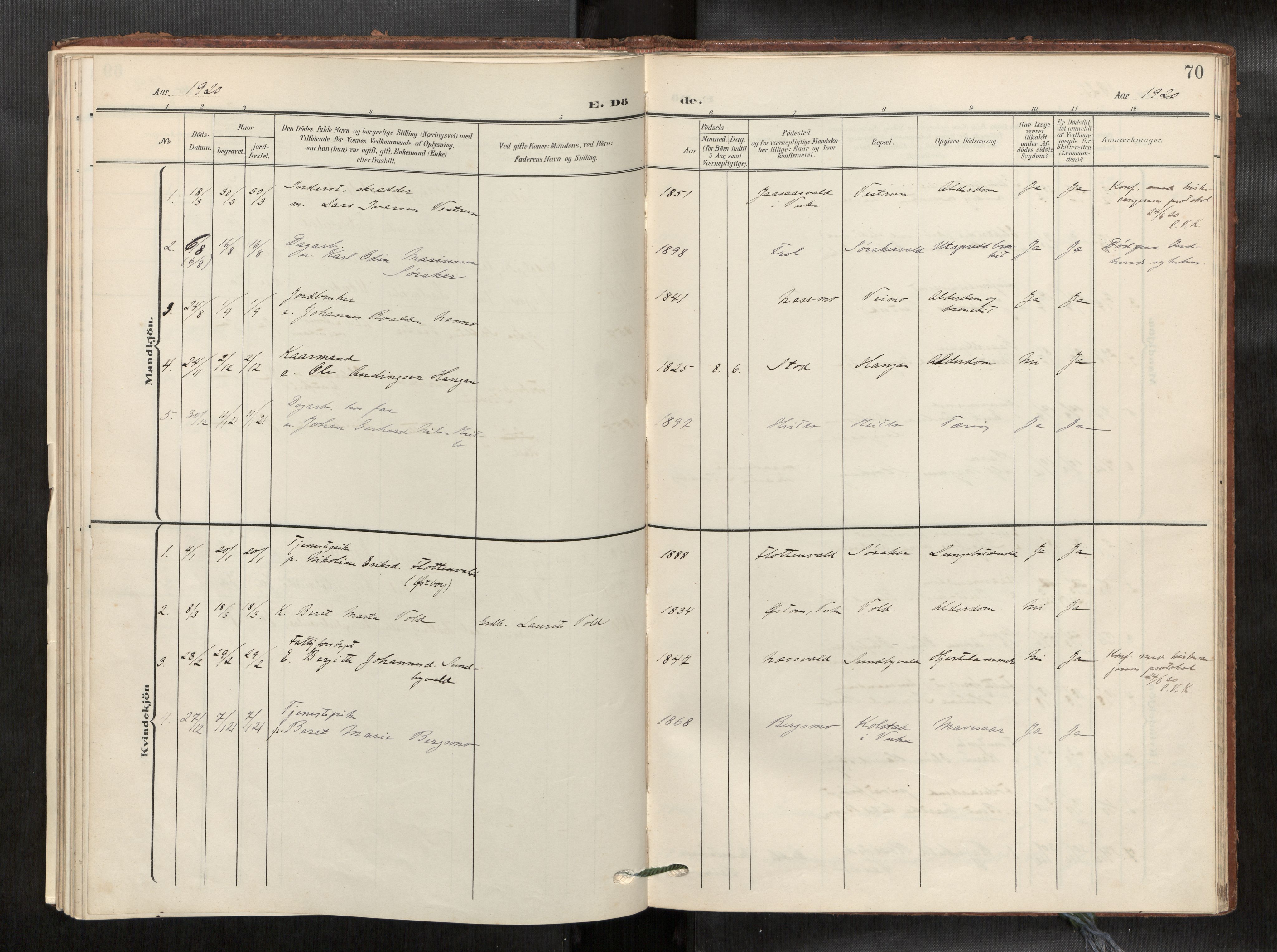 Verdal sokneprestkontor, AV/SAT-A-1156/2/H/Haa/L0003: Parish register (official) no. 3, 1907-1921, p. 70