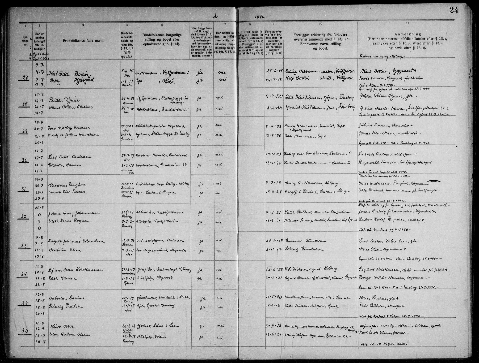 Nøtterøy kirkebøker, AV/SAKO-A-354/H/Ha/L0002: Banns register no. 2, 1937-1952, p. 24