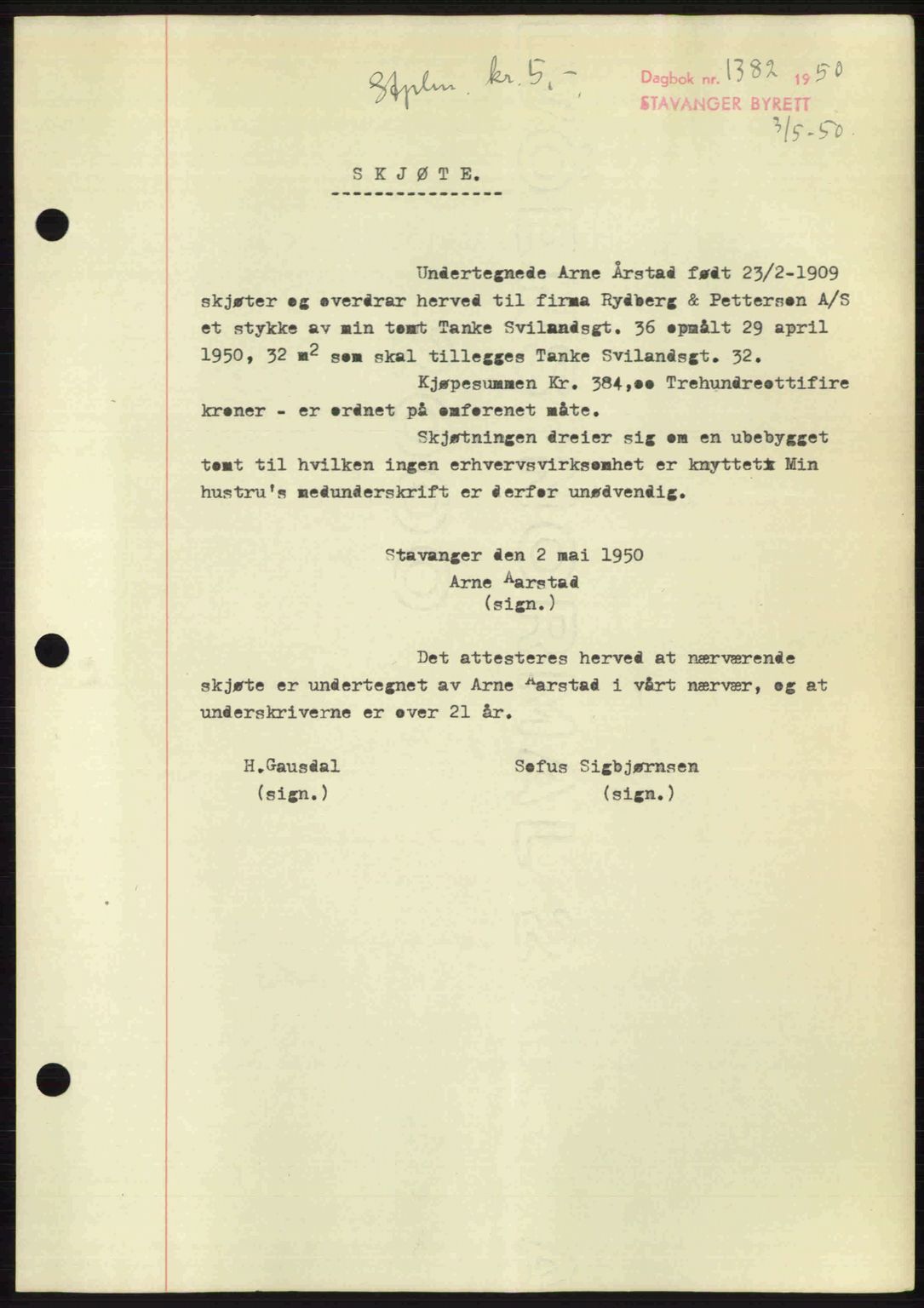 Stavanger byrett, SAST/A-100455/002/G/Gb/L0024: Mortgage book no. A13, 1949-1950, Diary no: : 1382/1950