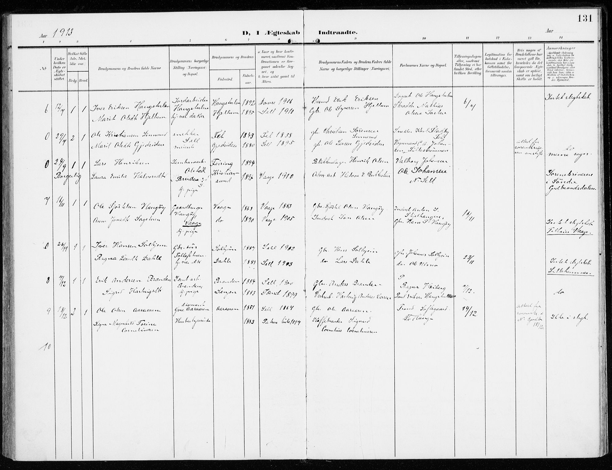 Sel prestekontor, SAH/PREST-074/H/Ha/Haa/L0002: Parish register (official) no. 2, 1905-1919, p. 131