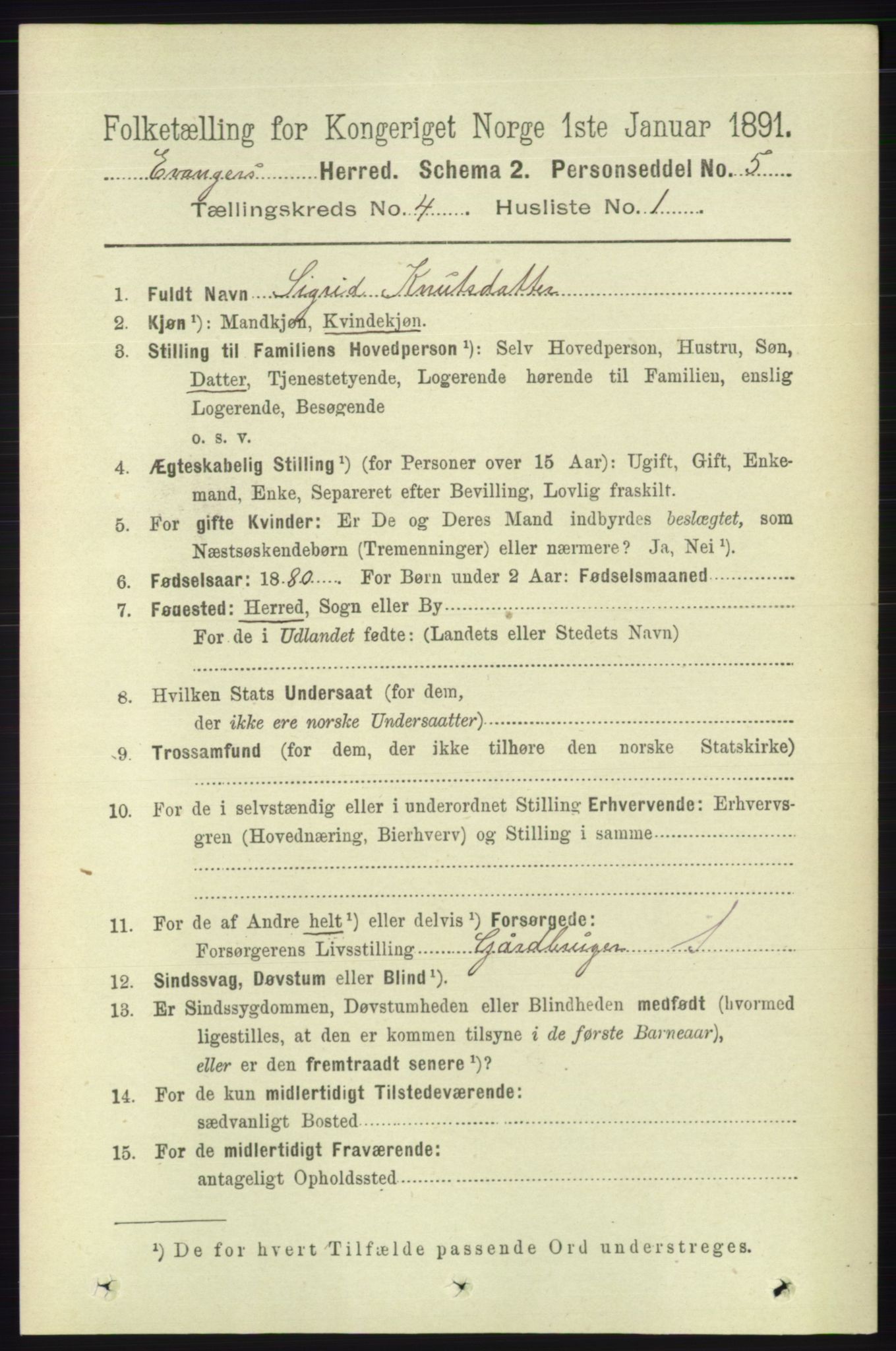 RA, 1891 census for 1237 Evanger, 1891, p. 1142