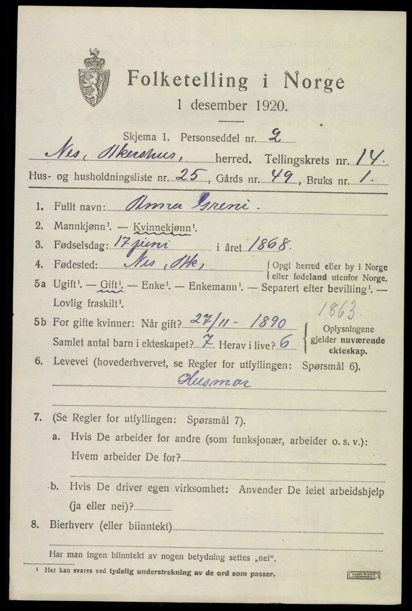 SAO, 1920 census for Nes, 1920, p. 14246