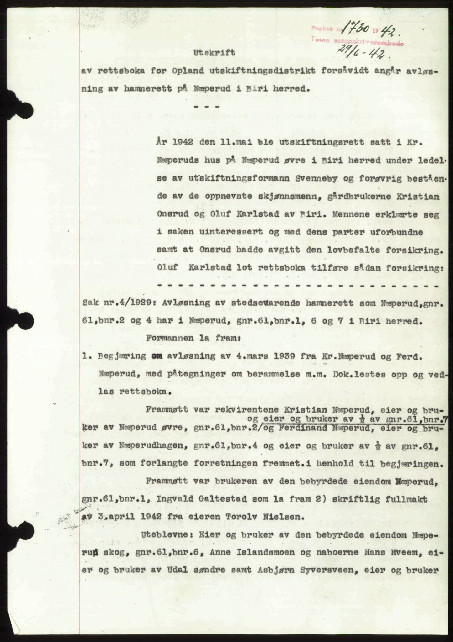 Toten tingrett, AV/SAH-TING-006/H/Hb/Hbc/L0009: Mortgage book no. Hbc-09, 1942-1942, Diary no: : 1730/1942