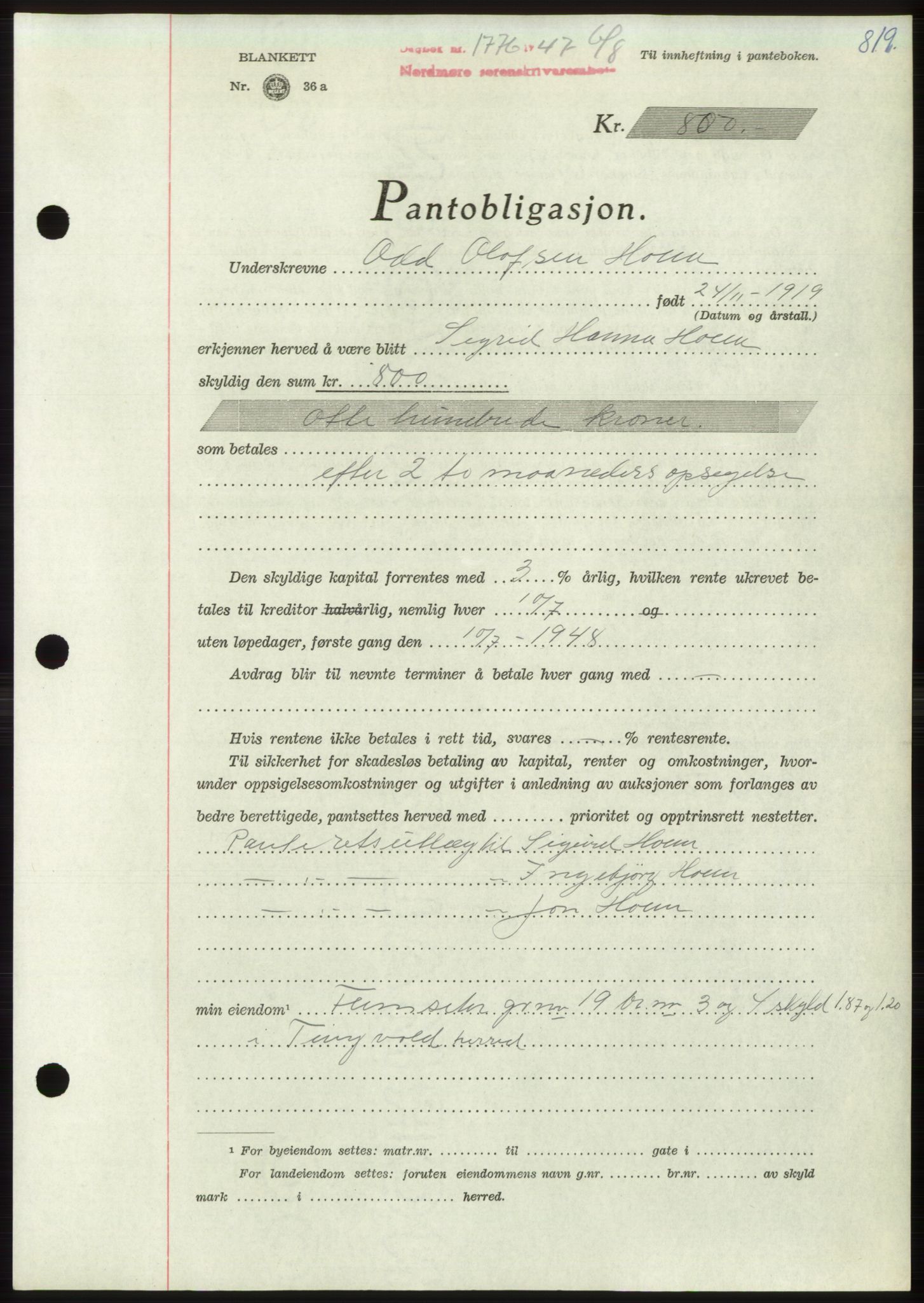 Nordmøre sorenskriveri, AV/SAT-A-4132/1/2/2Ca: Mortgage book no. B96, 1947-1947, Diary no: : 1776/1947