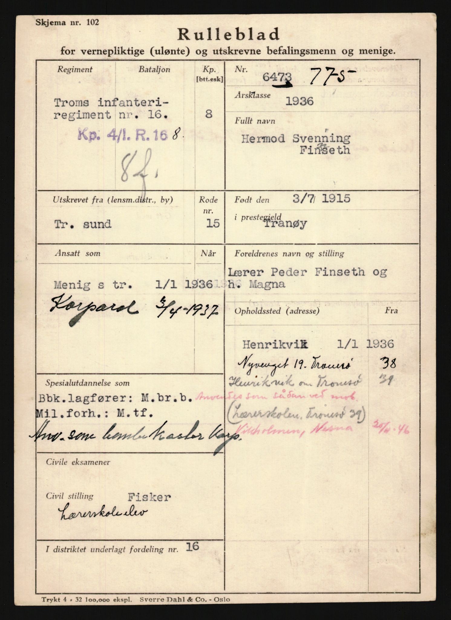 Forsvaret, Troms infanteriregiment nr. 16, AV/RA-RAFA-3146/P/Pa/L0020: Rulleblad for regimentets menige mannskaper, årsklasse 1936, 1936, p. 229