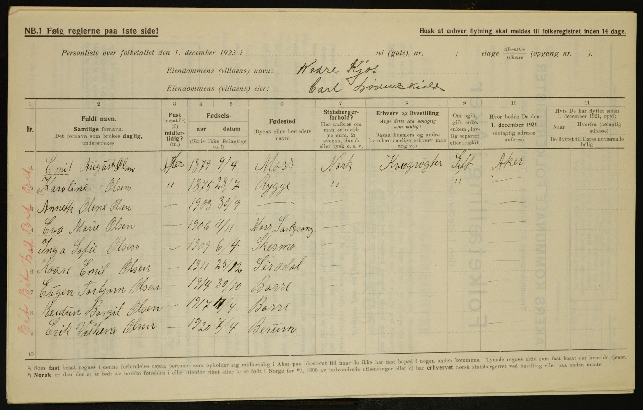 , Municipal Census 1923 for Aker, 1923, p. 6624