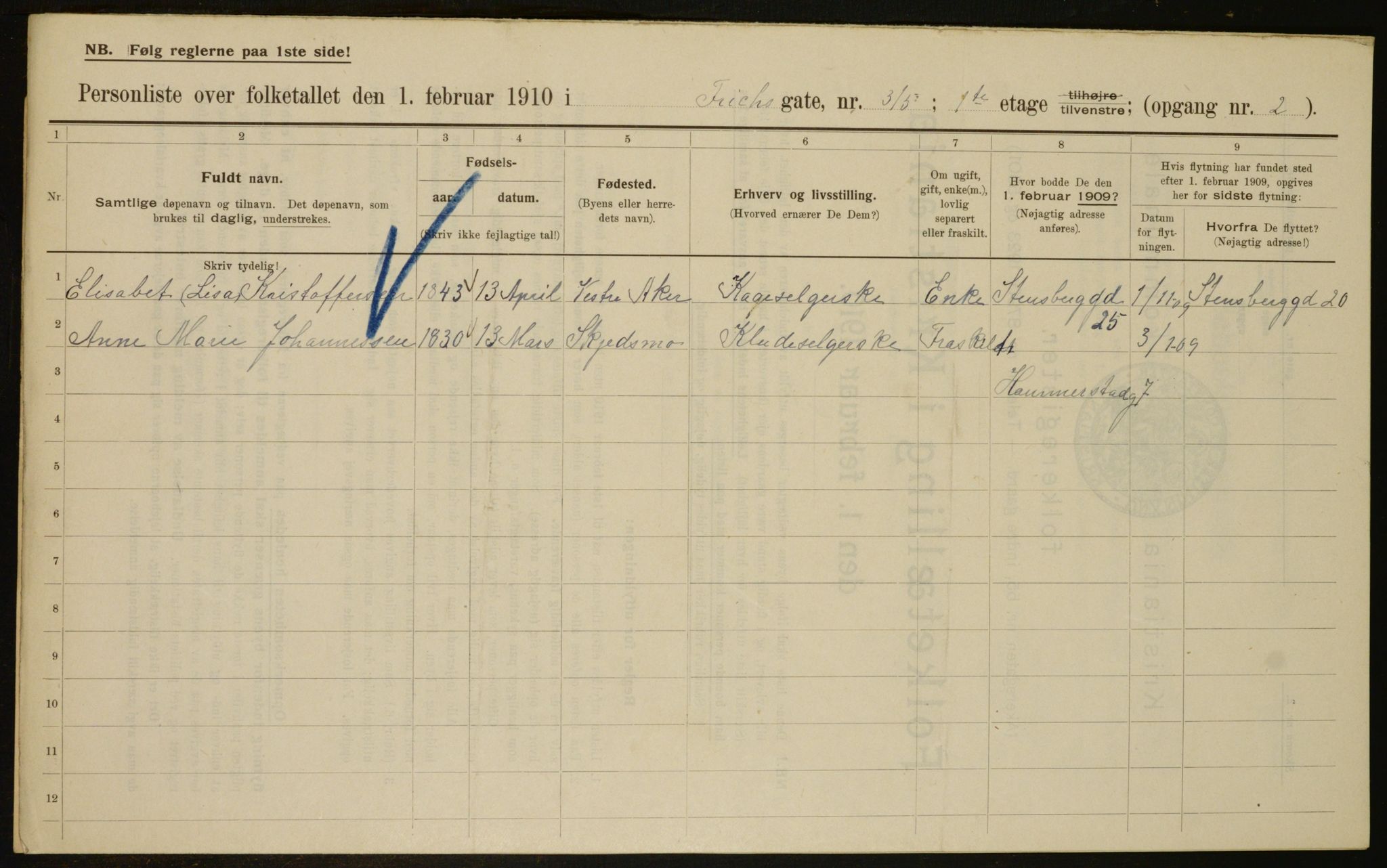 OBA, Municipal Census 1910 for Kristiania, 1910, p. 25113