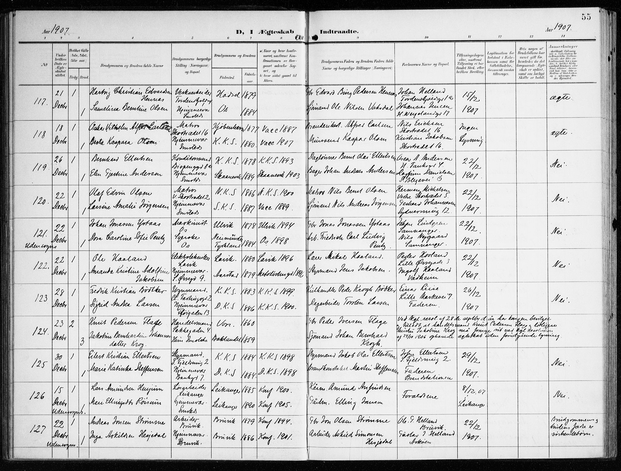 Korskirken sokneprestembete, AV/SAB-A-76101/H/Haa/L0038: Parish register (official) no. D 5, 1904-1919, p. 55