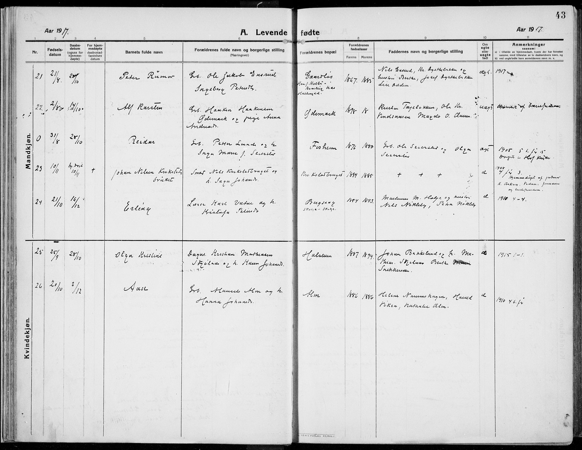 Kolbu prestekontor, SAH/PREST-110/H/Ha/Haa/L0002: Parish register (official) no. 2, 1912-1926, p. 43