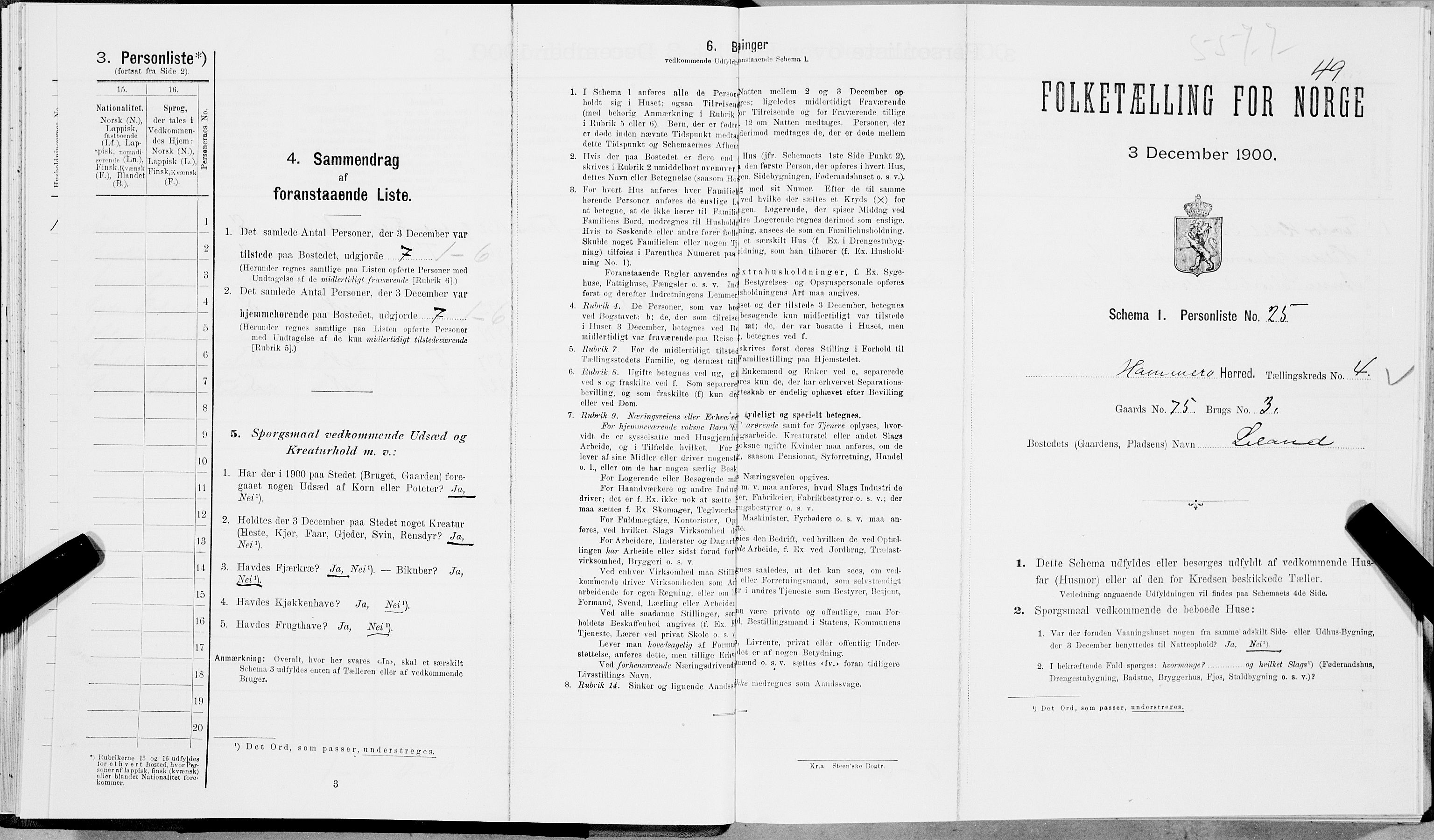 SAT, 1900 census for Hamarøy, 1900, p. 538