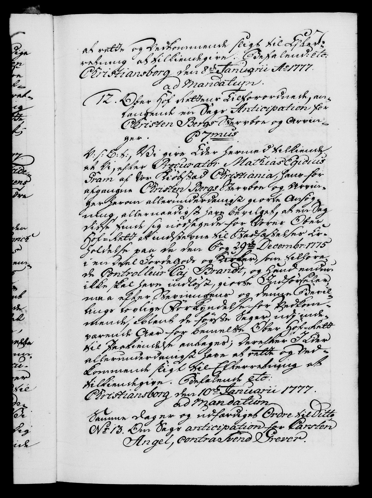 Danske Kanselli 1572-1799, AV/RA-EA-3023/F/Fc/Fca/Fcab/L0042: Norske tegnelser, 1777-1781, p. 7a