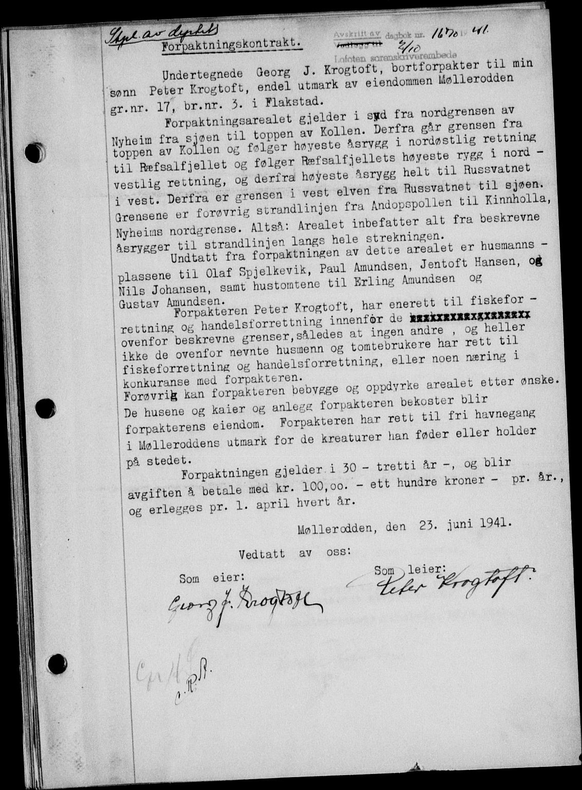 Lofoten sorenskriveri, SAT/A-0017/1/2/2C/L0009a: Mortgage book no. 9a, 1941-1942, Diary no: : 1670/1941