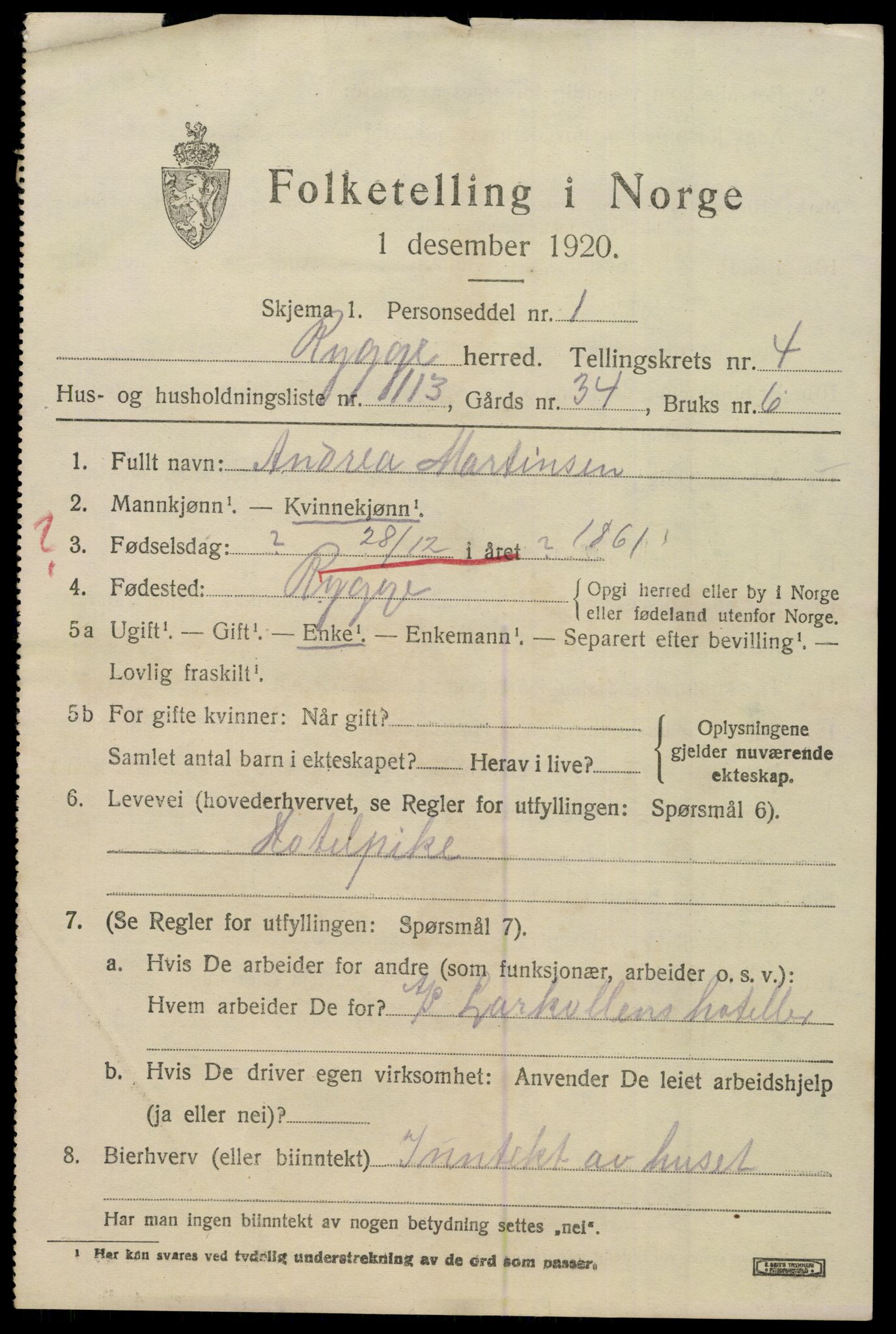 SAO, 1920 census for Rygge, 1920, p. 9553