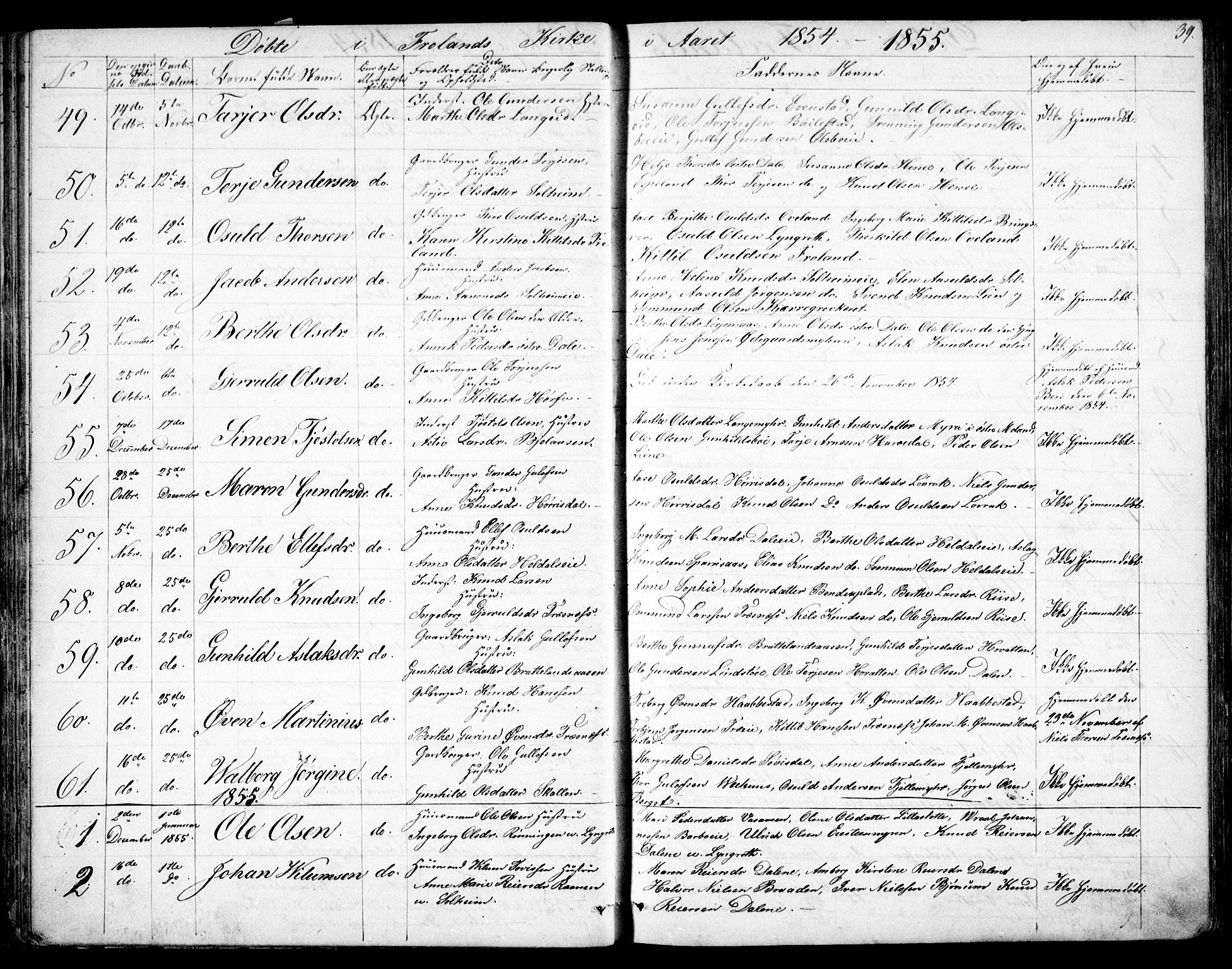 Froland sokneprestkontor, SAK/1111-0013/F/Fb/L0008: Parish register (copy) no. B 8, 1843-1875, p. 39