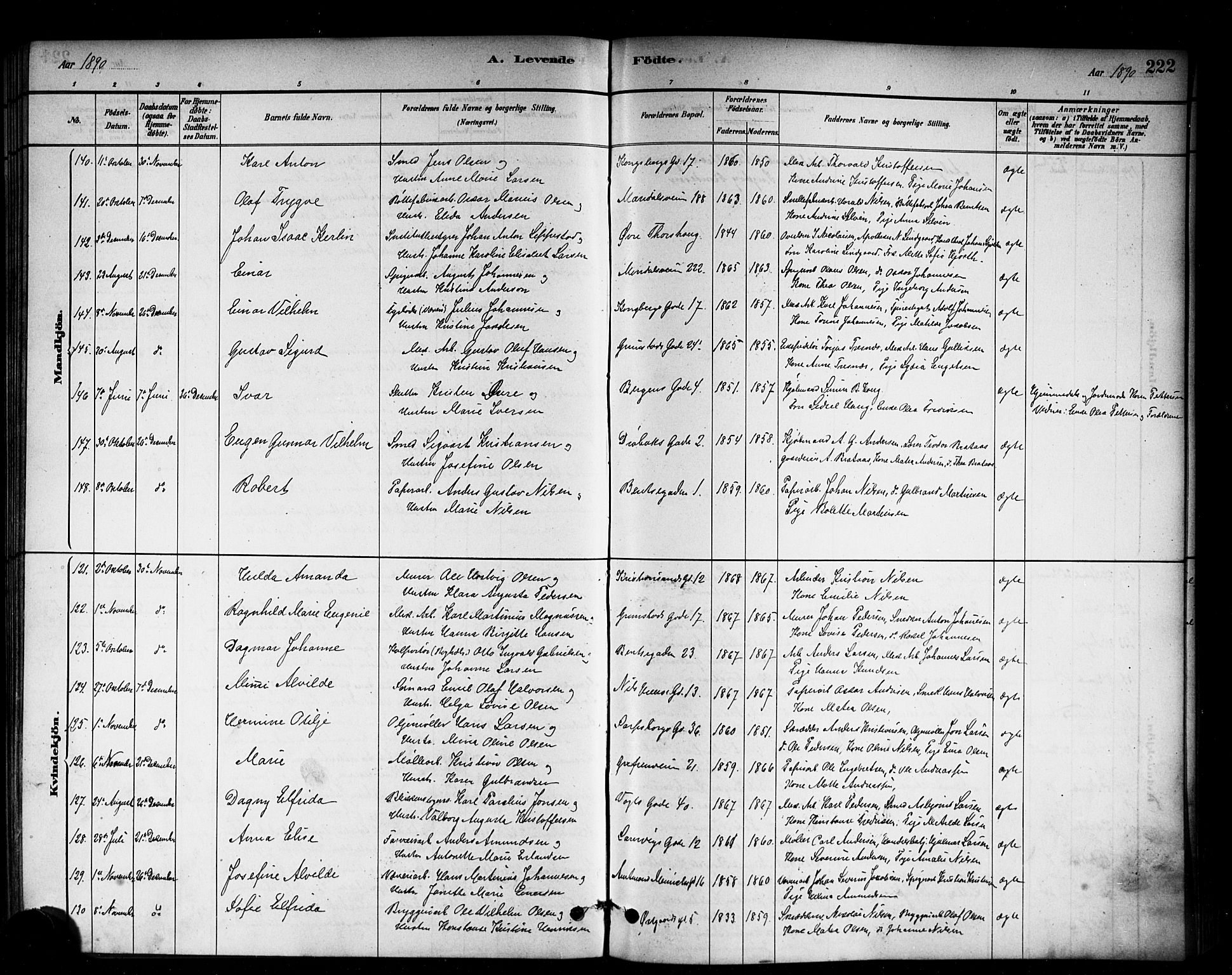 Sagene prestekontor Kirkebøker, AV/SAO-A-10796/G/L0001: Parish register (copy) no. 1, 1880-1891, p. 222