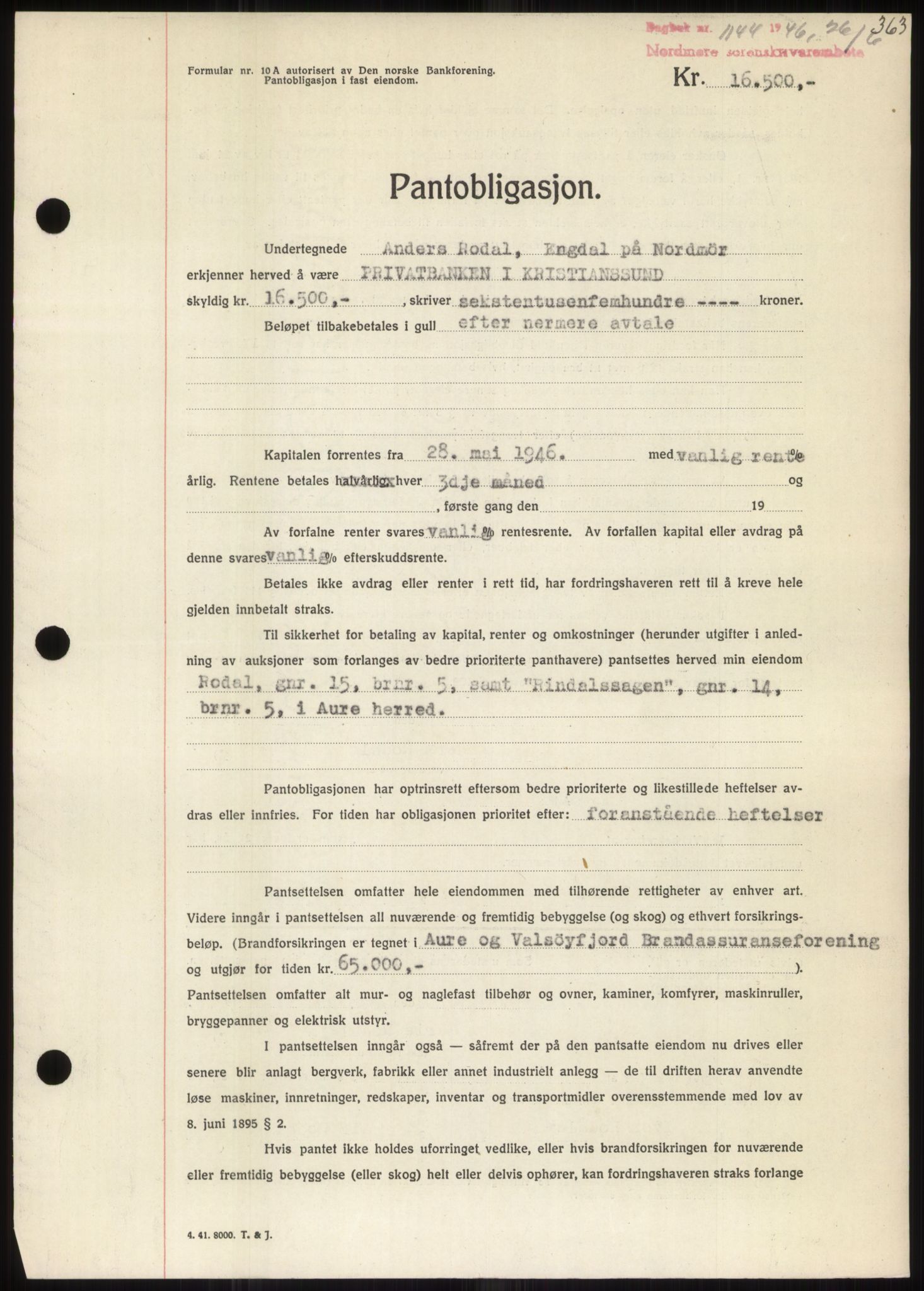 Nordmøre sorenskriveri, AV/SAT-A-4132/1/2/2Ca: Mortgage book no. B94, 1946-1946, Diary no: : 1144/1946