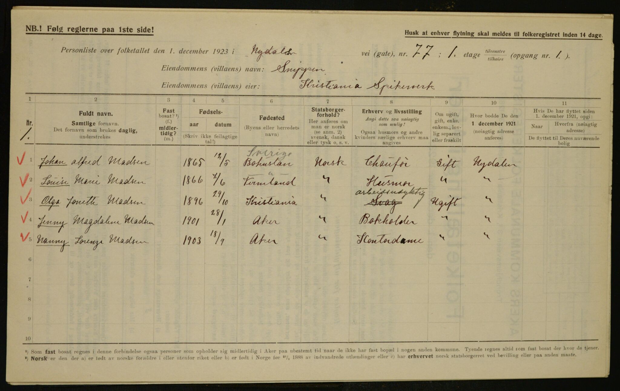 , Municipal Census 1923 for Aker, 1923, p. 16328