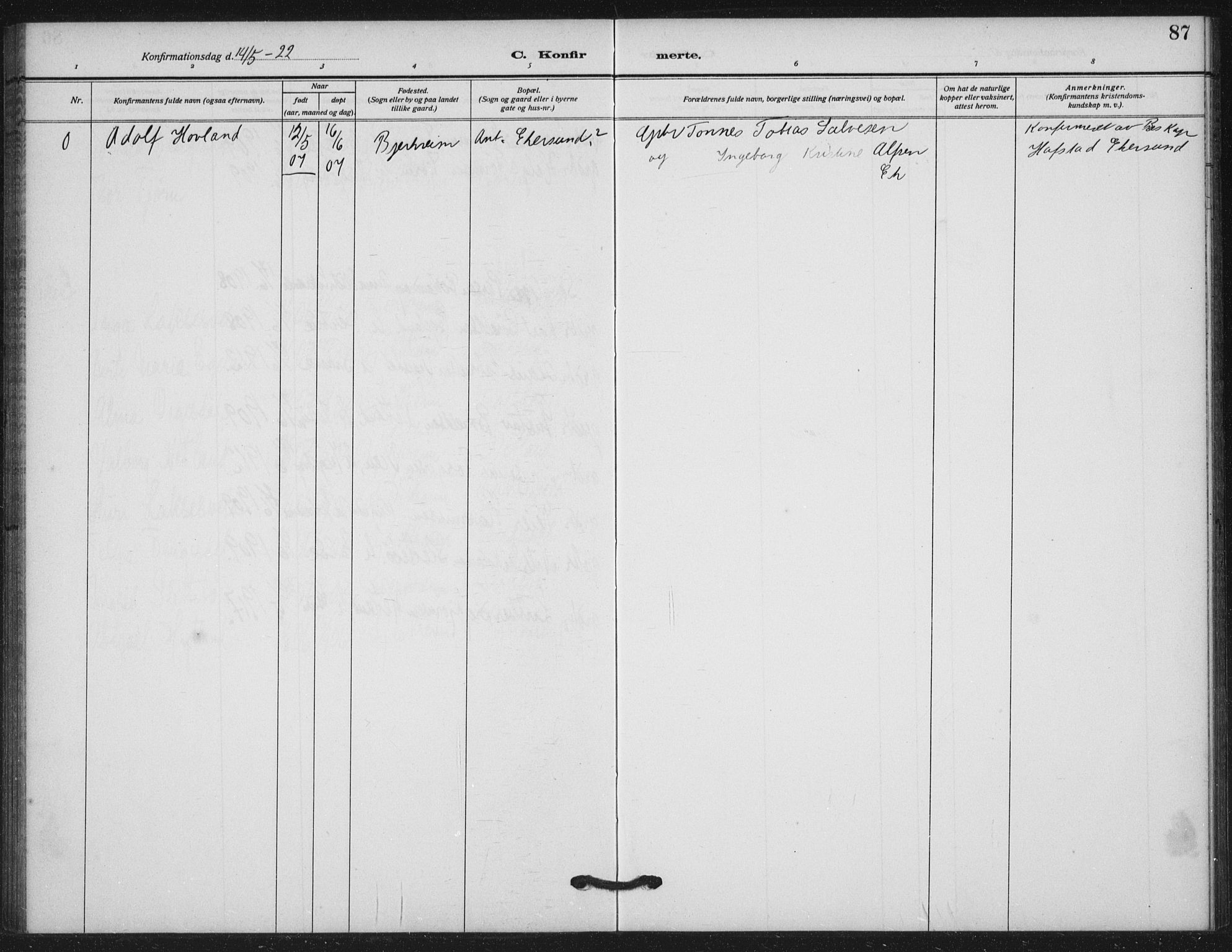 Helleland sokneprestkontor, SAST/A-101810: Parish register (official) no. A 11, 1909-1922, p. 87