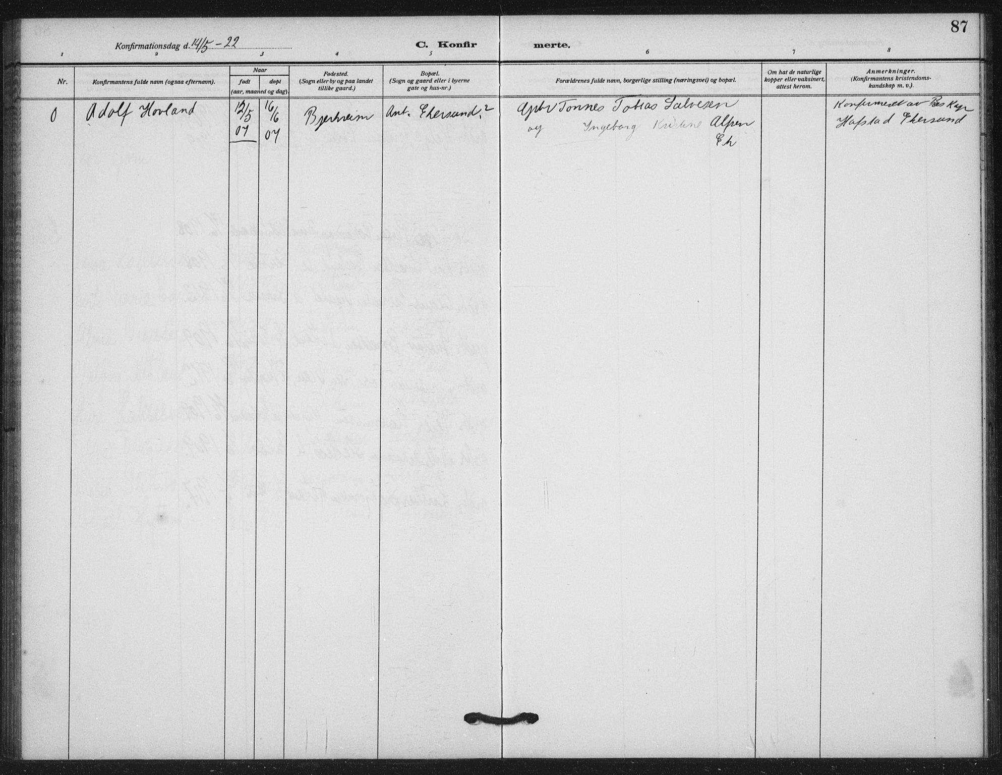 Helleland sokneprestkontor, AV/SAST-A-101810: Parish register (official) no. A 11, 1909-1922, p. 87