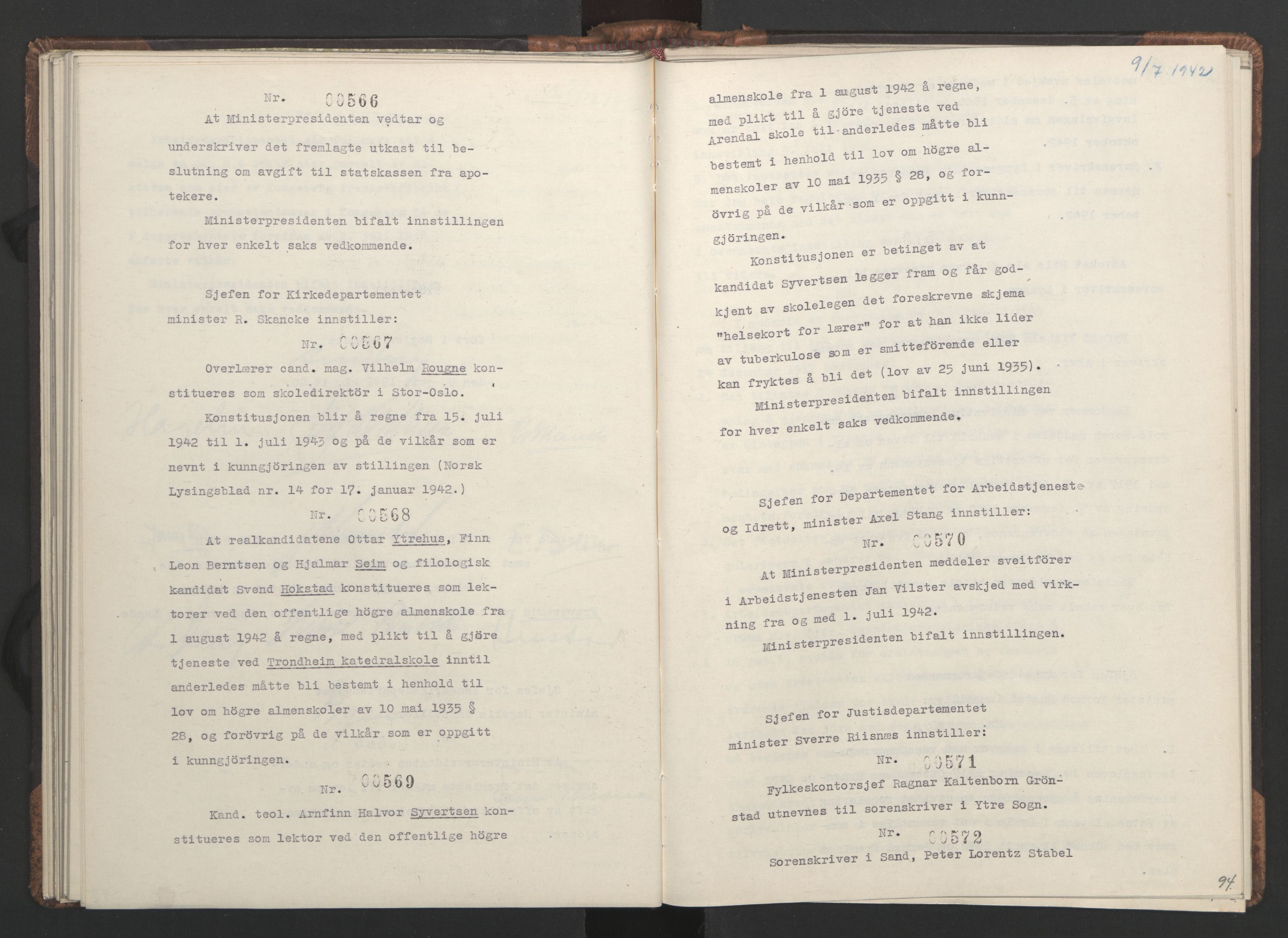 NS-administrasjonen 1940-1945 (Statsrådsekretariatet, de kommisariske statsråder mm), RA/S-4279/D/Da/L0001: Beslutninger og tillegg (1-952 og 1-32), 1942, p. 97