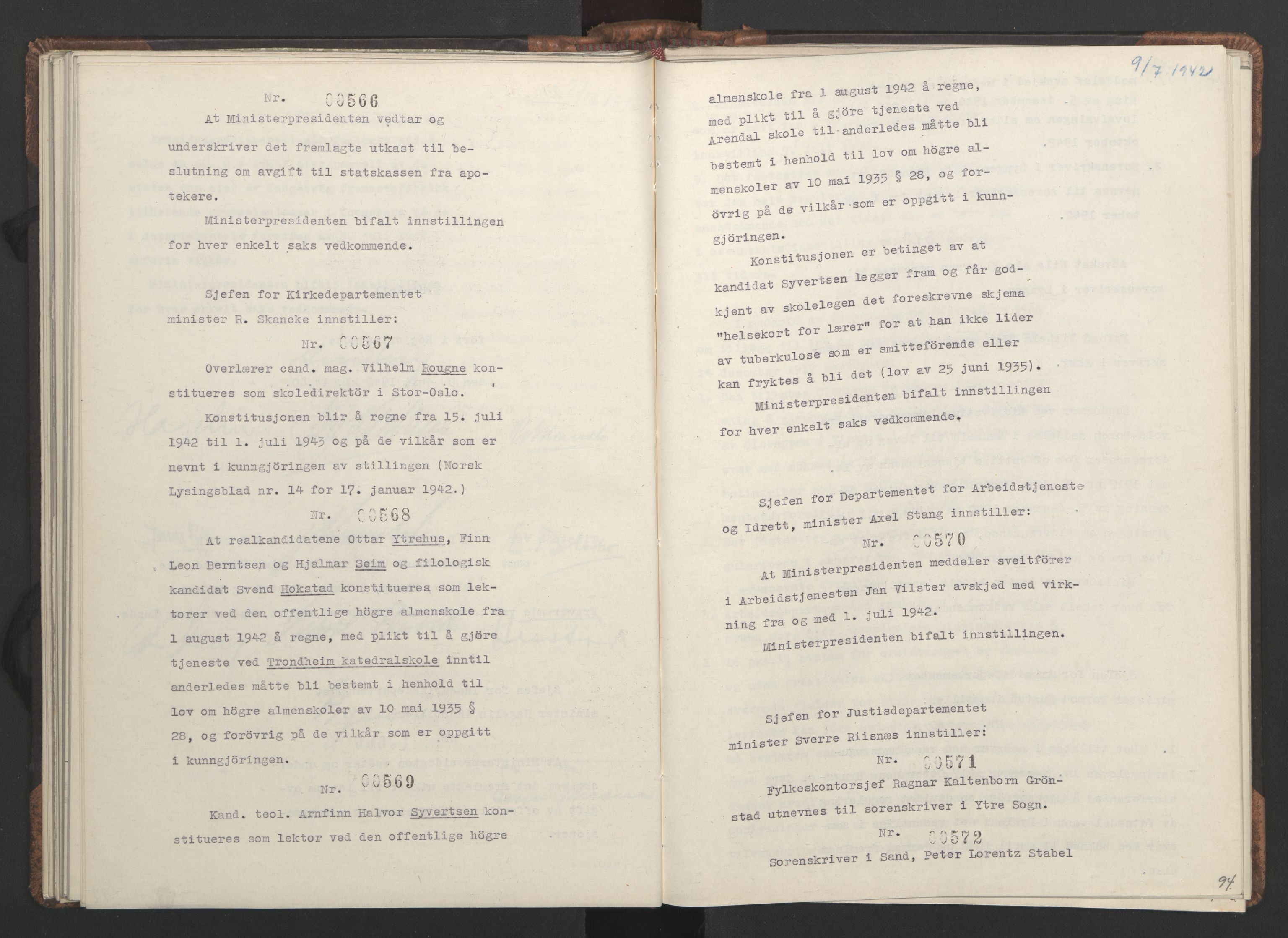 NS-administrasjonen 1940-1945 (Statsrådsekretariatet, de kommisariske statsråder mm), AV/RA-S-4279/D/Da/L0001: Beslutninger og tillegg (1-952 og 1-32), 1942, p. 97