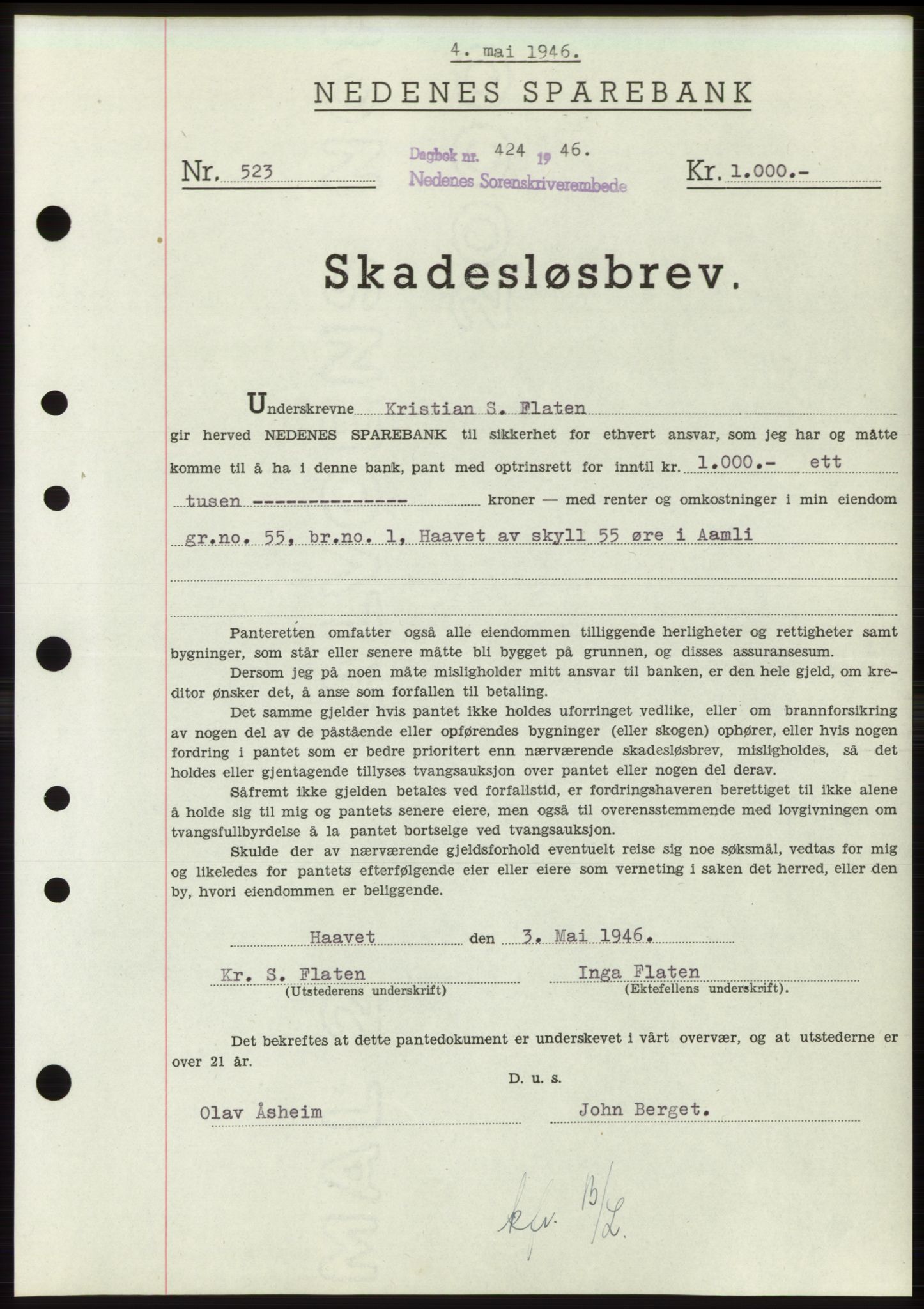 Nedenes sorenskriveri, SAK/1221-0006/G/Gb/Gbb/L0003: Mortgage book no. B3b, 1946-1946, Diary no: : 424/1946