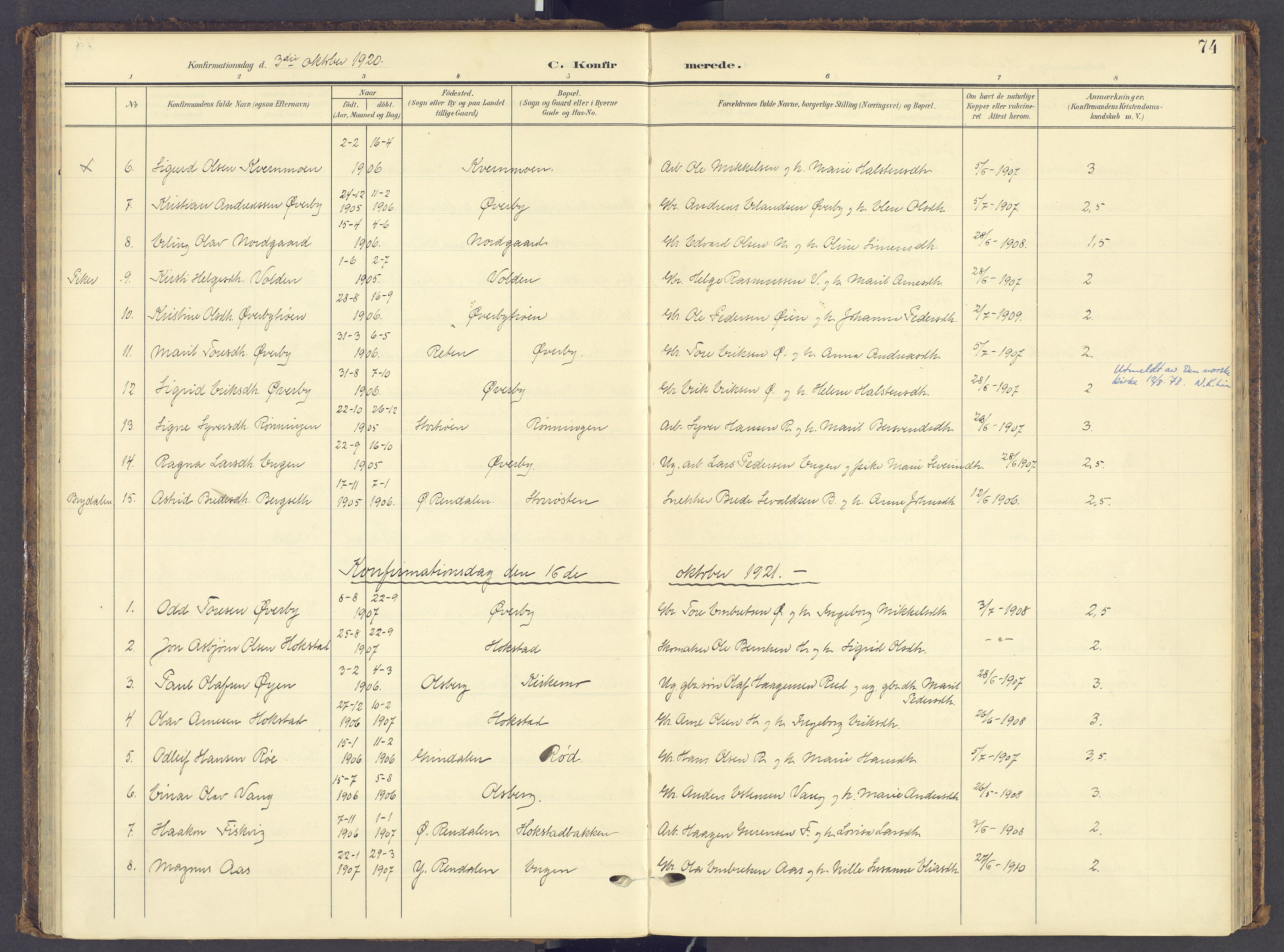 Tynset prestekontor, SAH/PREST-058/H/Ha/Haa/L0028: Parish register (official) no. 28, 1902-1929, p. 74