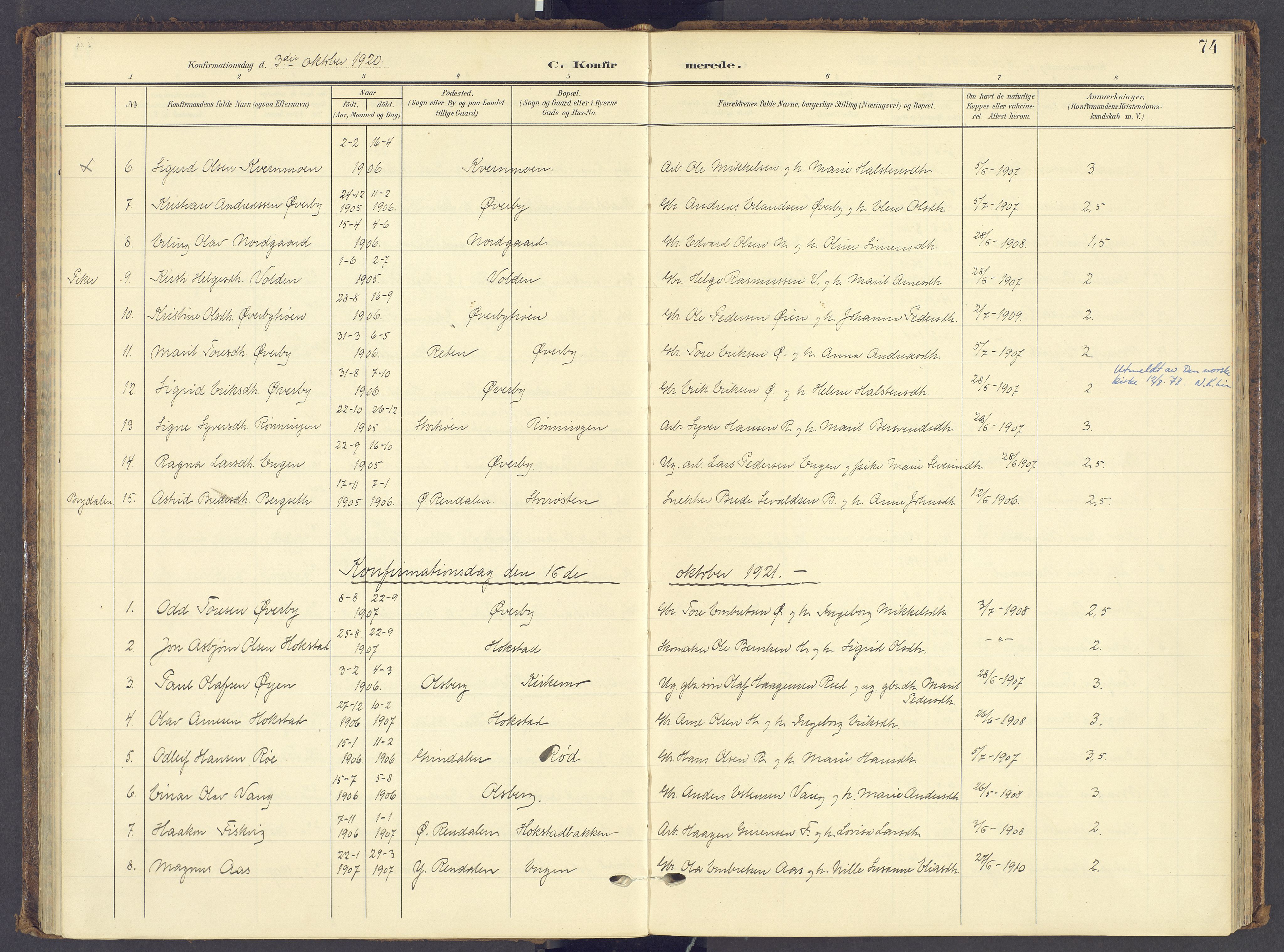 Tynset prestekontor, AV/SAH-PREST-058/H/Ha/Haa/L0028: Parish register (official) no. 28, 1902-1929, p. 74