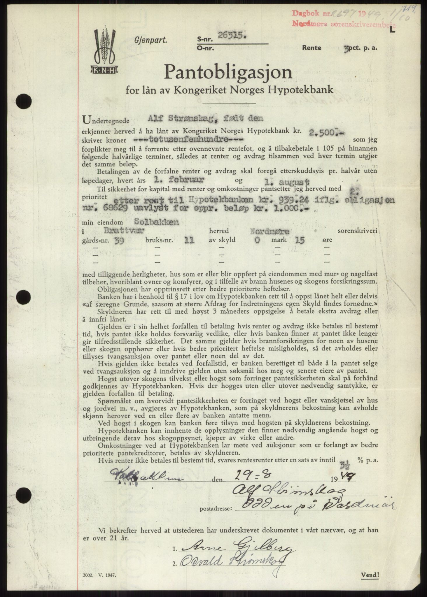 Nordmøre sorenskriveri, AV/SAT-A-4132/1/2/2Ca: Mortgage book no. B102, 1949-1949, Diary no: : 2697/1949