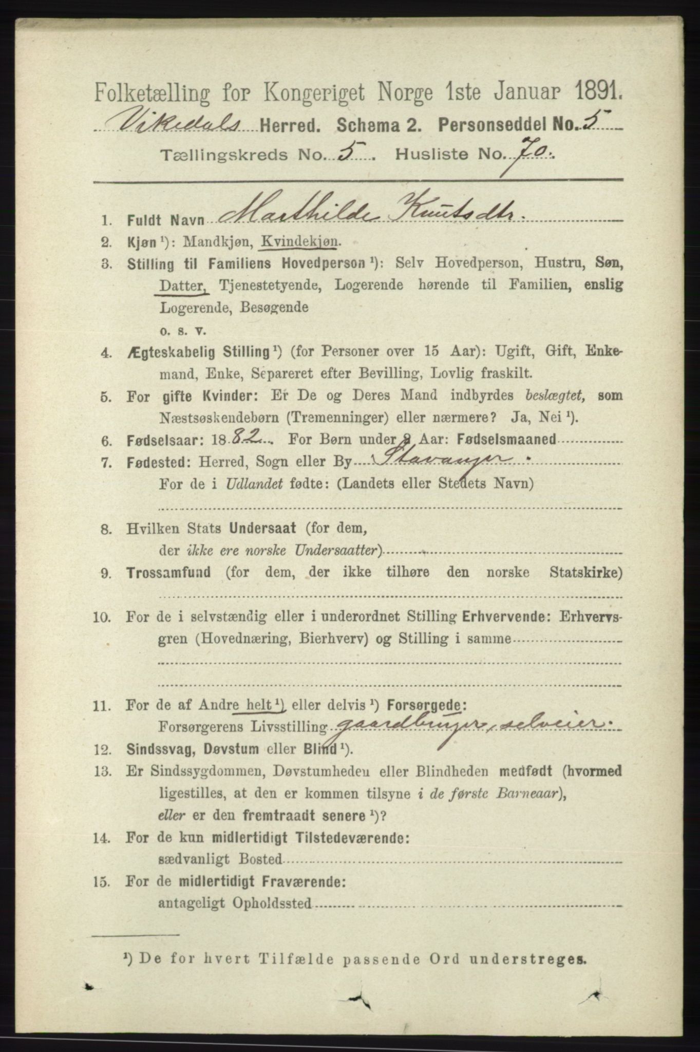 RA, 1891 census for 1157 Vikedal, 1891, p. 1485